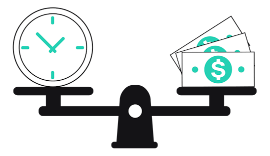 Illustration of a scale with a clock on one side and a stack of money on the other