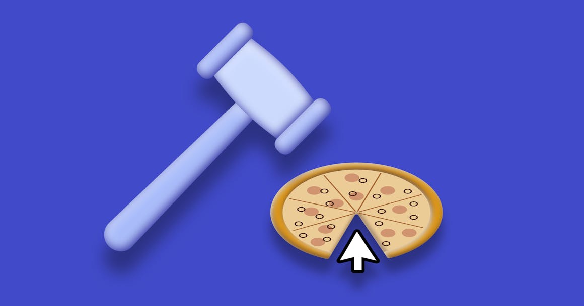 A gavel and a pizza with one of the slices replaced with a mouse cursor.