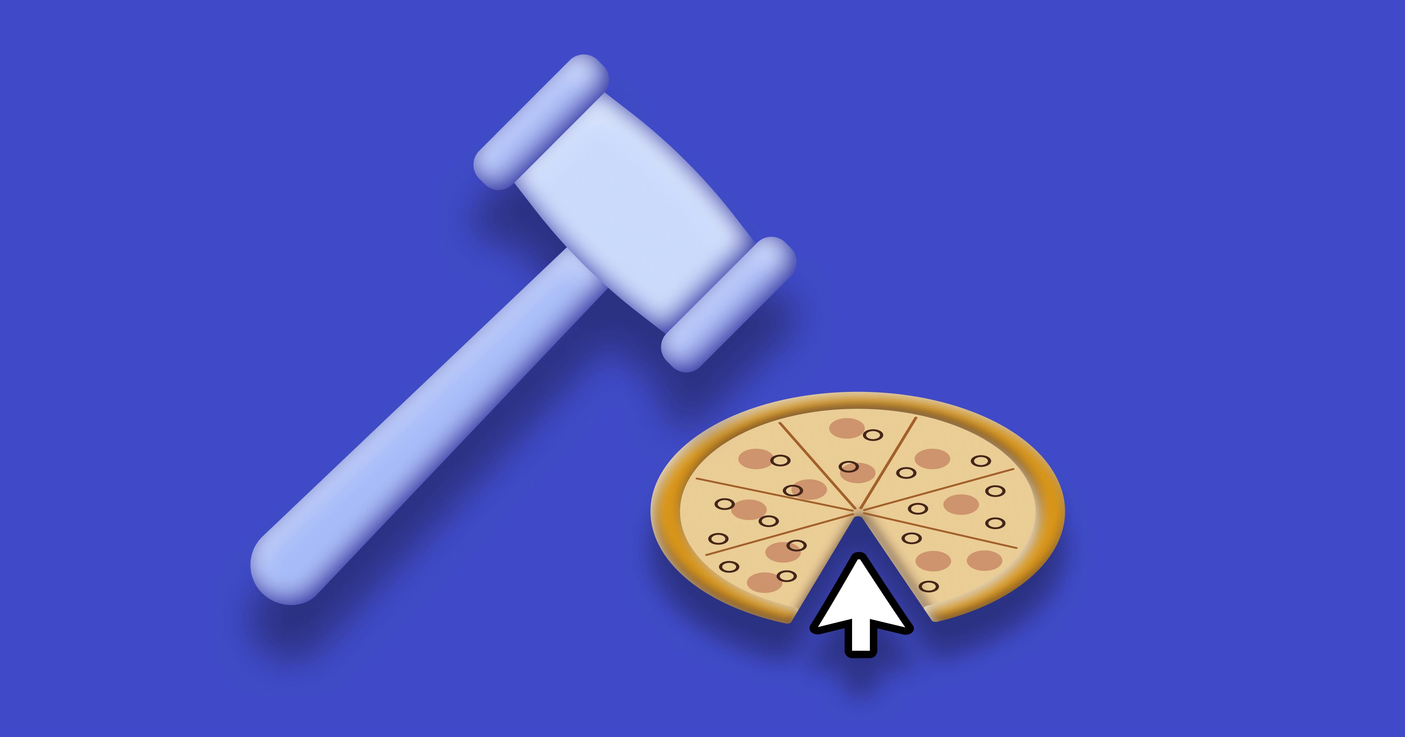 A gavel and a pizza with one of the slices replaced with a mouse cursor.