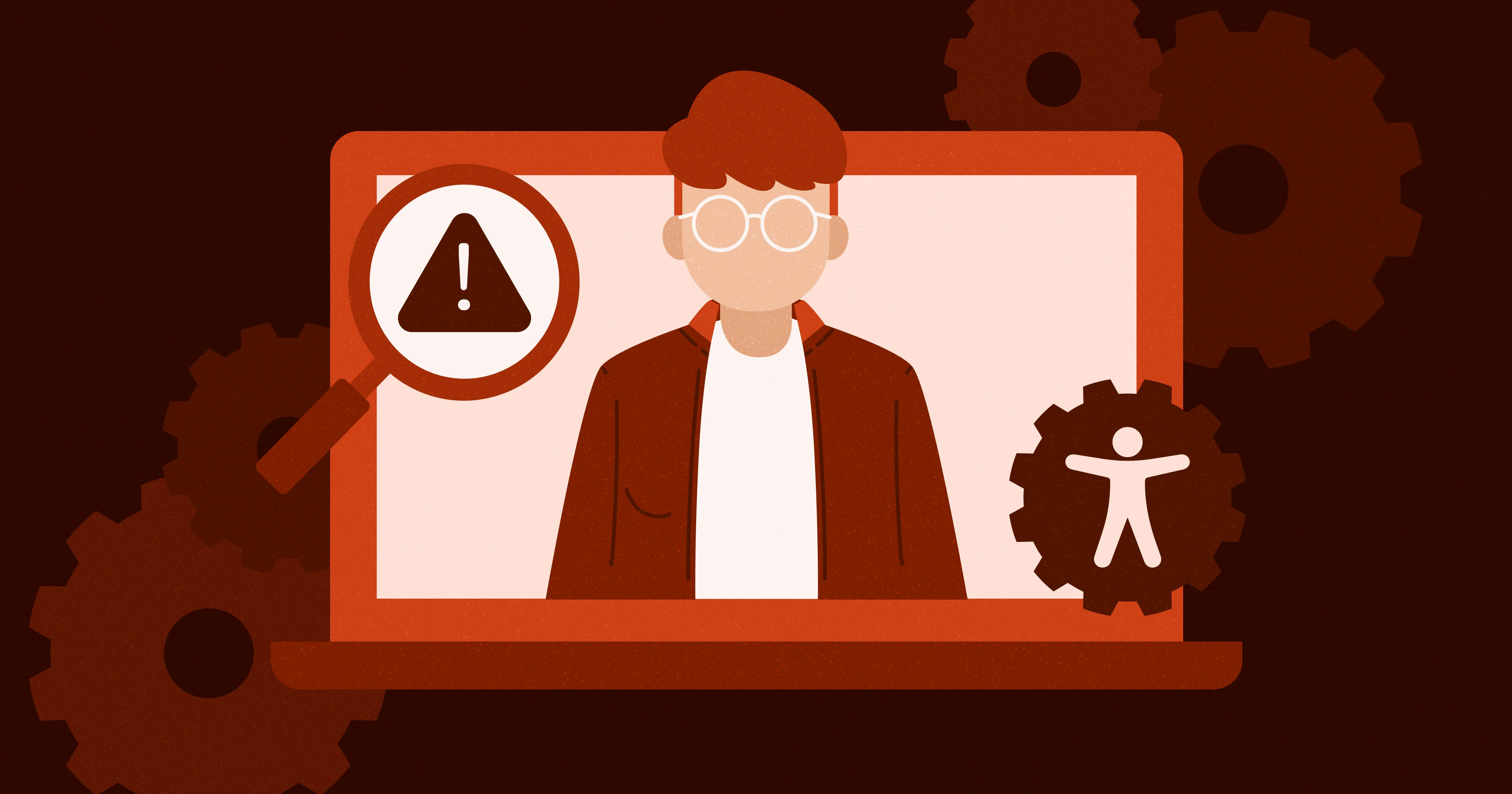 Open laptop showing a man wearing glasses; a magnifying glass over an error icon is in the upper left-hand corner and a gear shaft with the accessibility symbol is in the bottom right-hand corner.