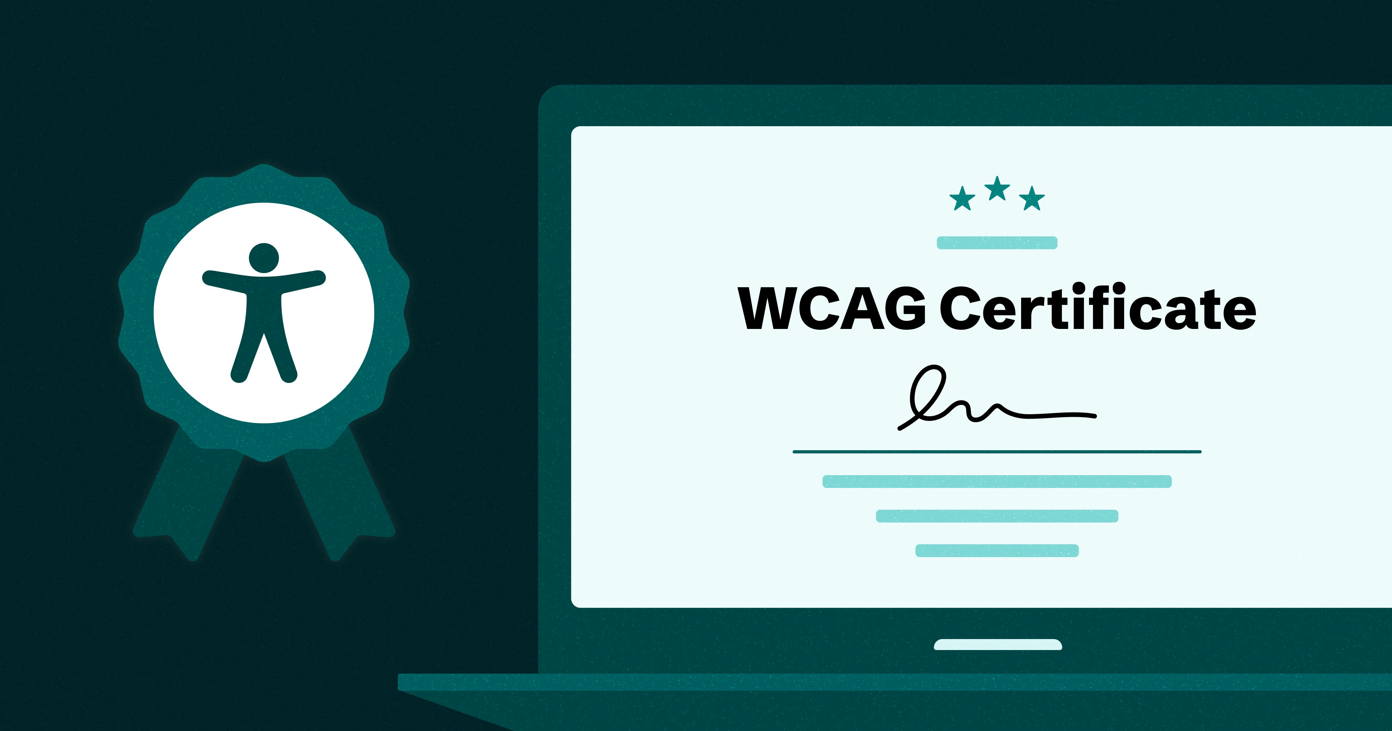 Open laptop with the words 'WCAG Certificate' across the top and a signature in the middle of the screen. A ribbon with the accessibility symbol is on the left side of the laptop.