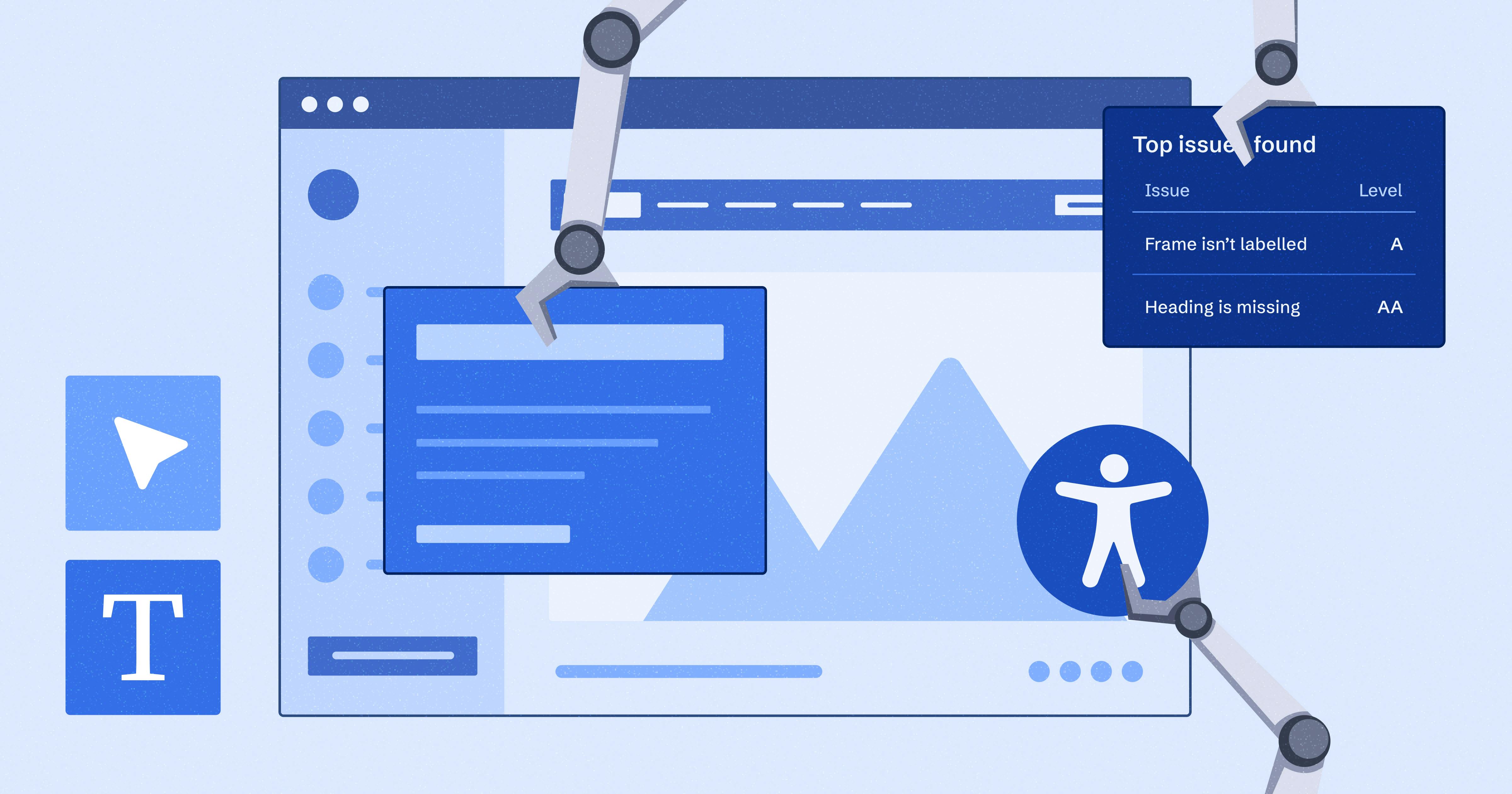 Stylized web browser with robotic arms moving various elements on the page. The accessibility symbol is in the bottom right-hand corner.