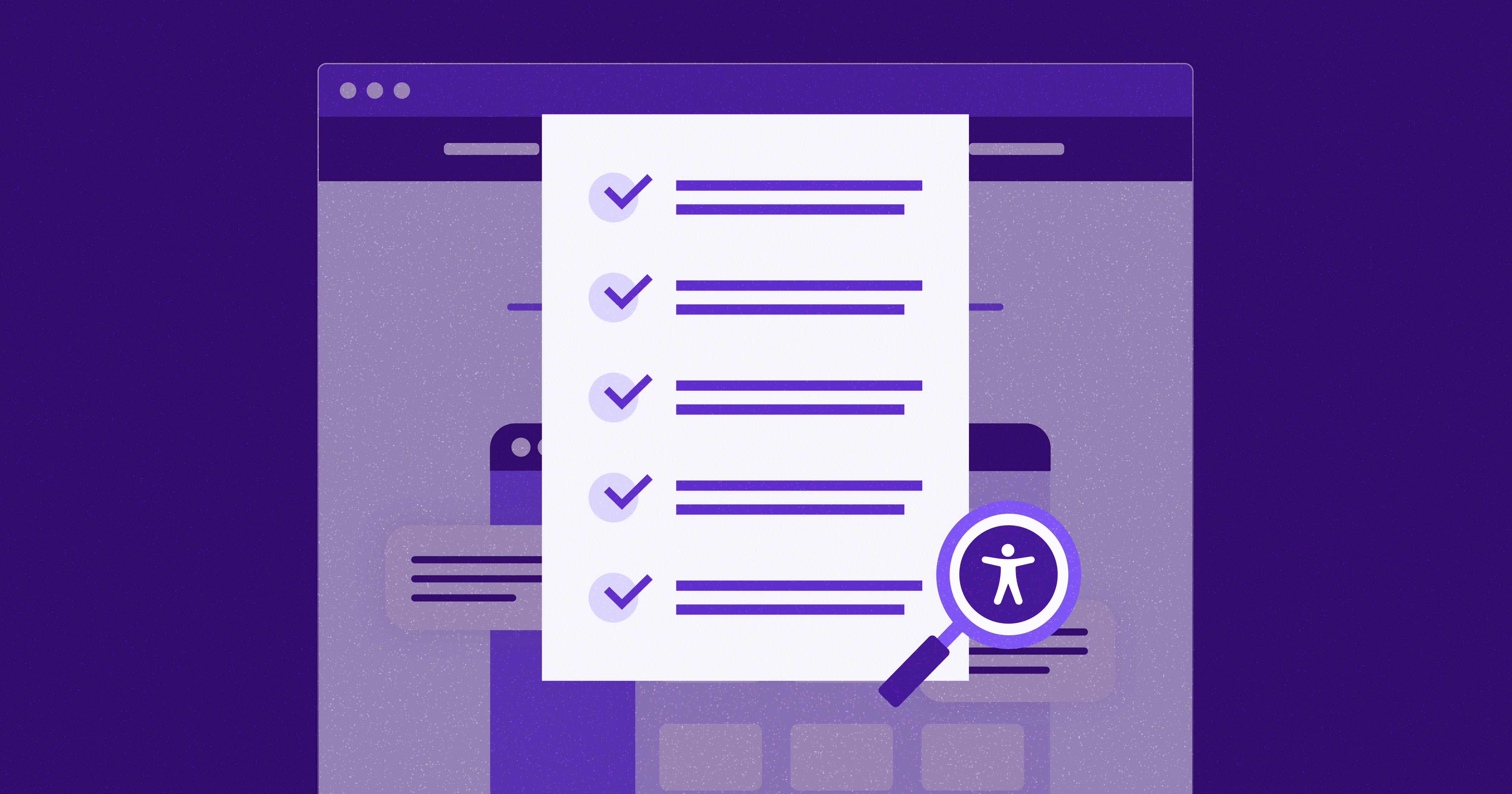 Stylized web browser with a pop-up of a checklist with a magnifying glass over the accessibility icon.