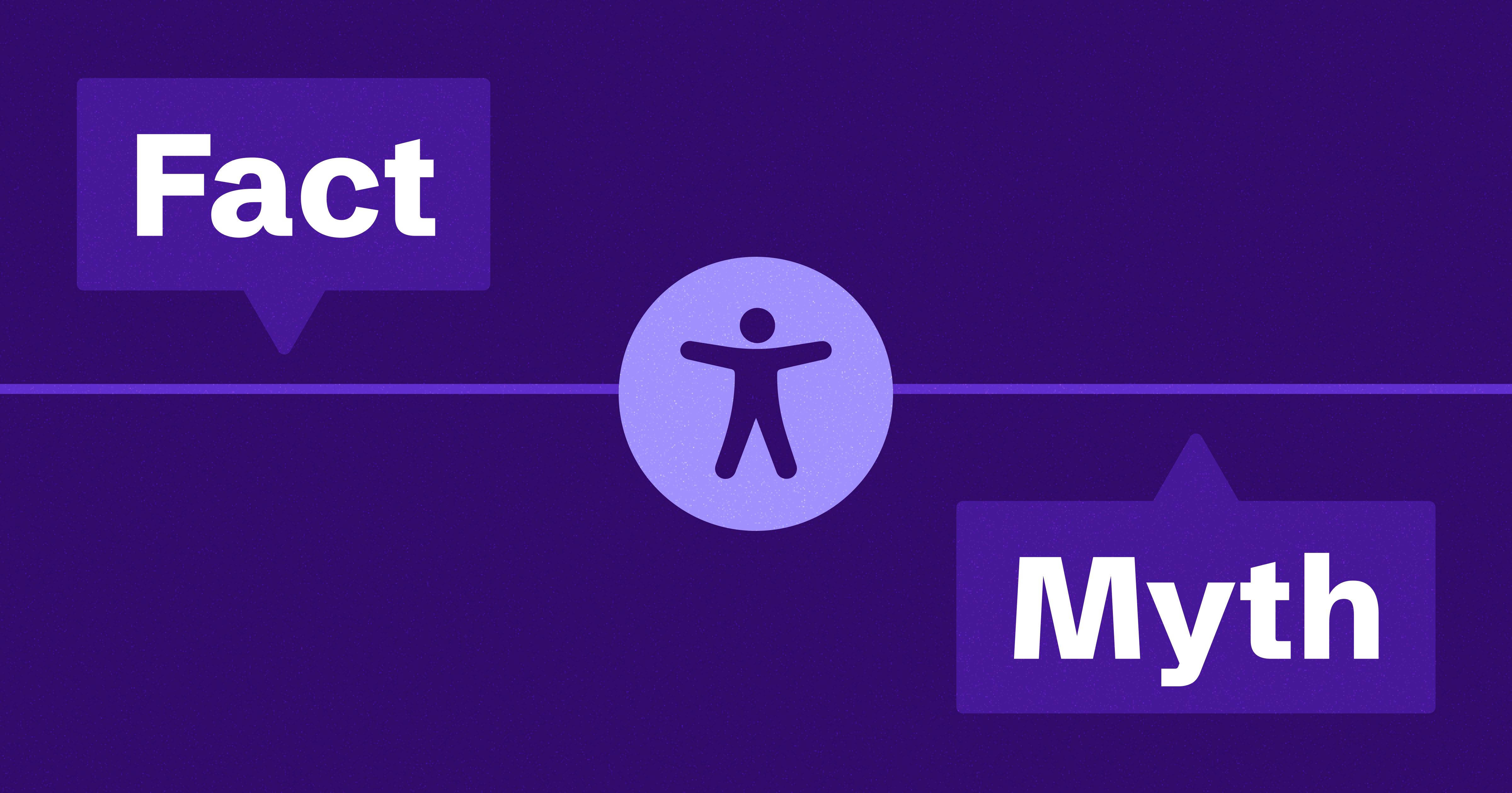 An accessibility icon is in the middle of a page with a purple line running through it. A textbox labeled 'Fact' is in the upper left-hand corner and another textbox labeled 'Myth' is in the bottom right-hand corner.