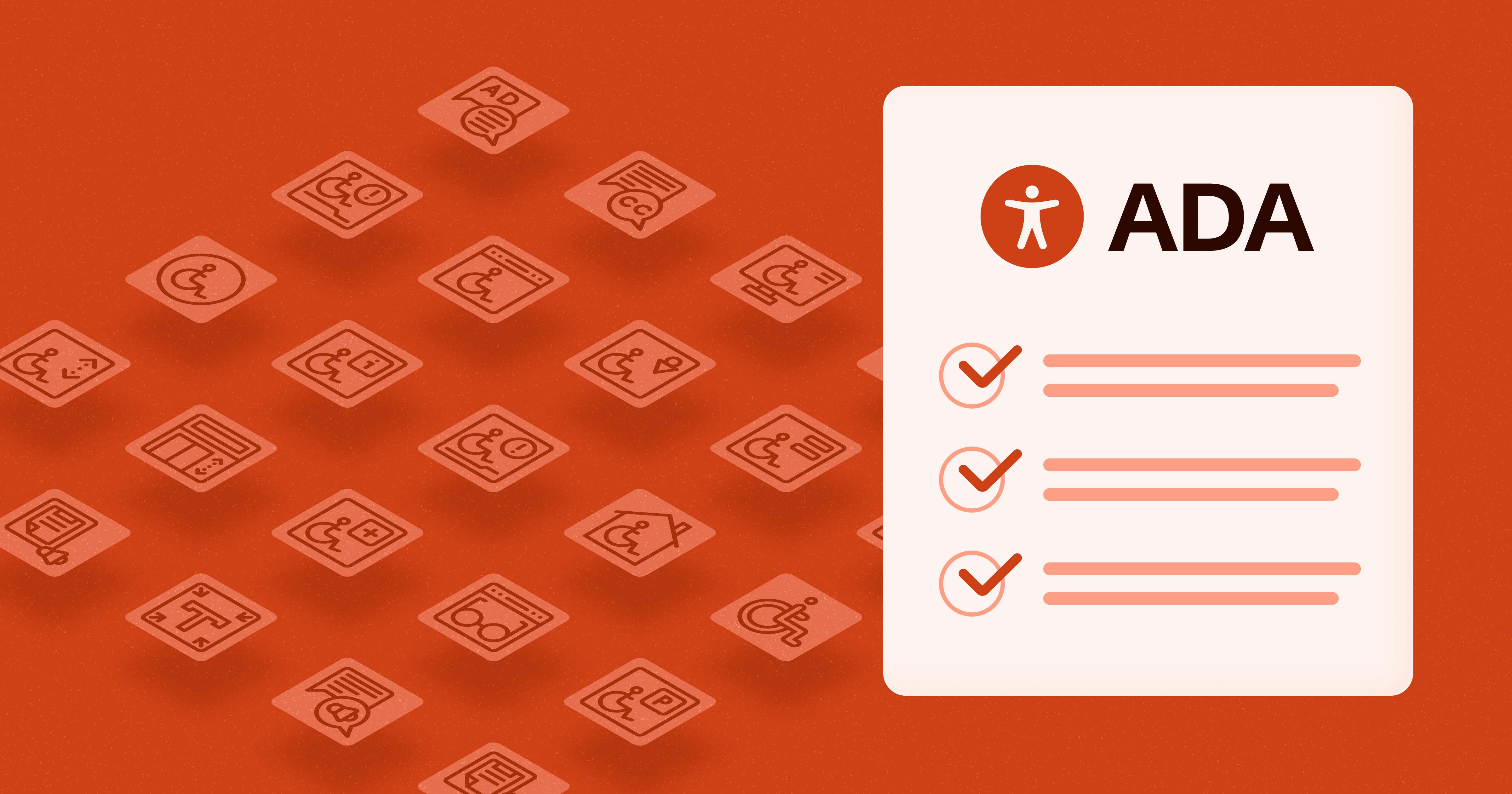 Checklist with 'ADA' written on the top with an accessibility icon on the left-hand side. Rows of design icons are in the background behind the checklist.
