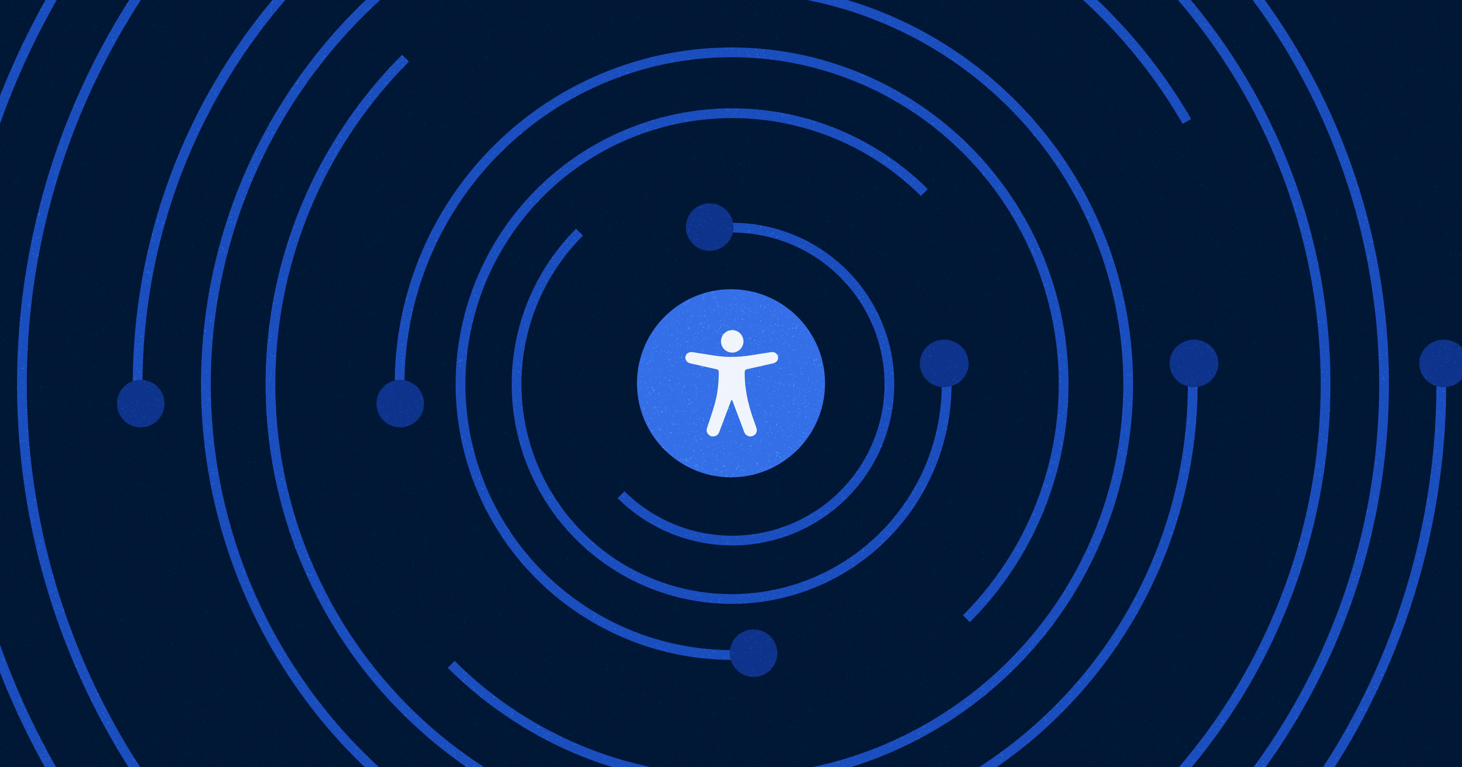 An abstract illustration featuring a circular accessibility icon at the center, surrounded by orbit-like blue lines and dots on a dark blue background, symbolizing connection and inclusion in digital accessibility.