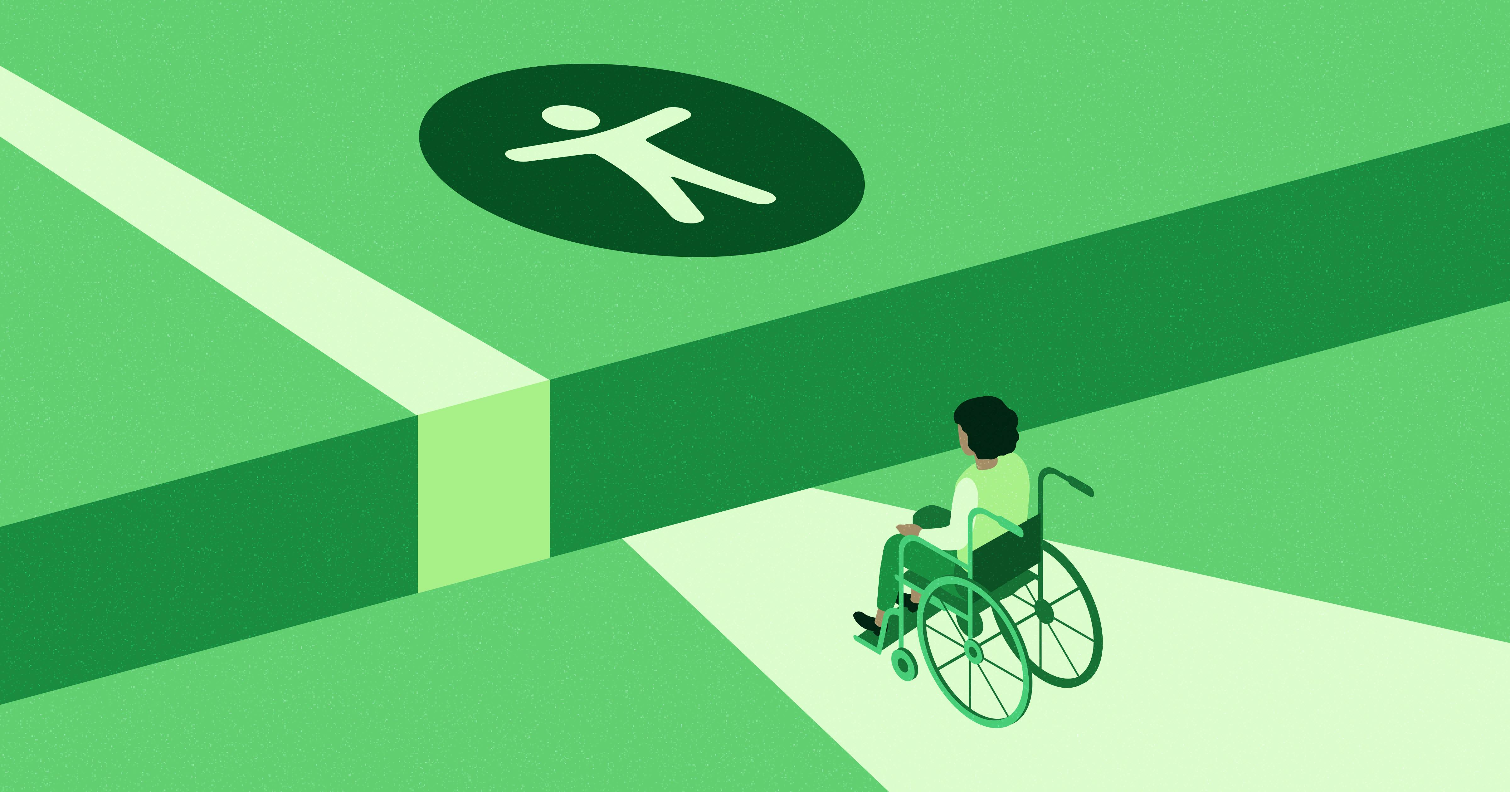 Individual in a wheelchair looking over a gap between two platforms; one platform has the accessibility symbol on it.