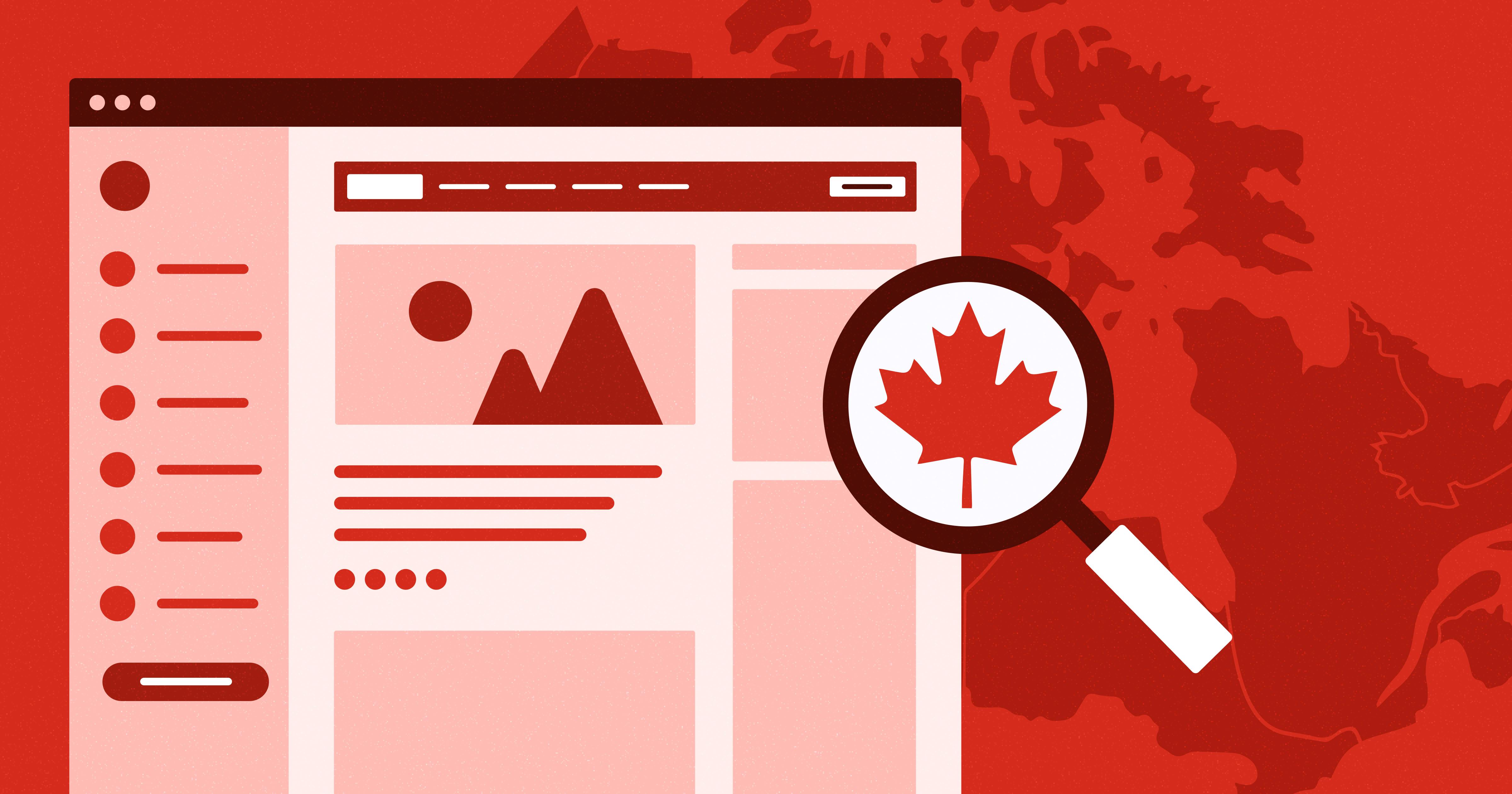 Stylized web browser with a magnifying glass over the Canadian symbol. The browser is set against a dark red background with a map of Canada. 