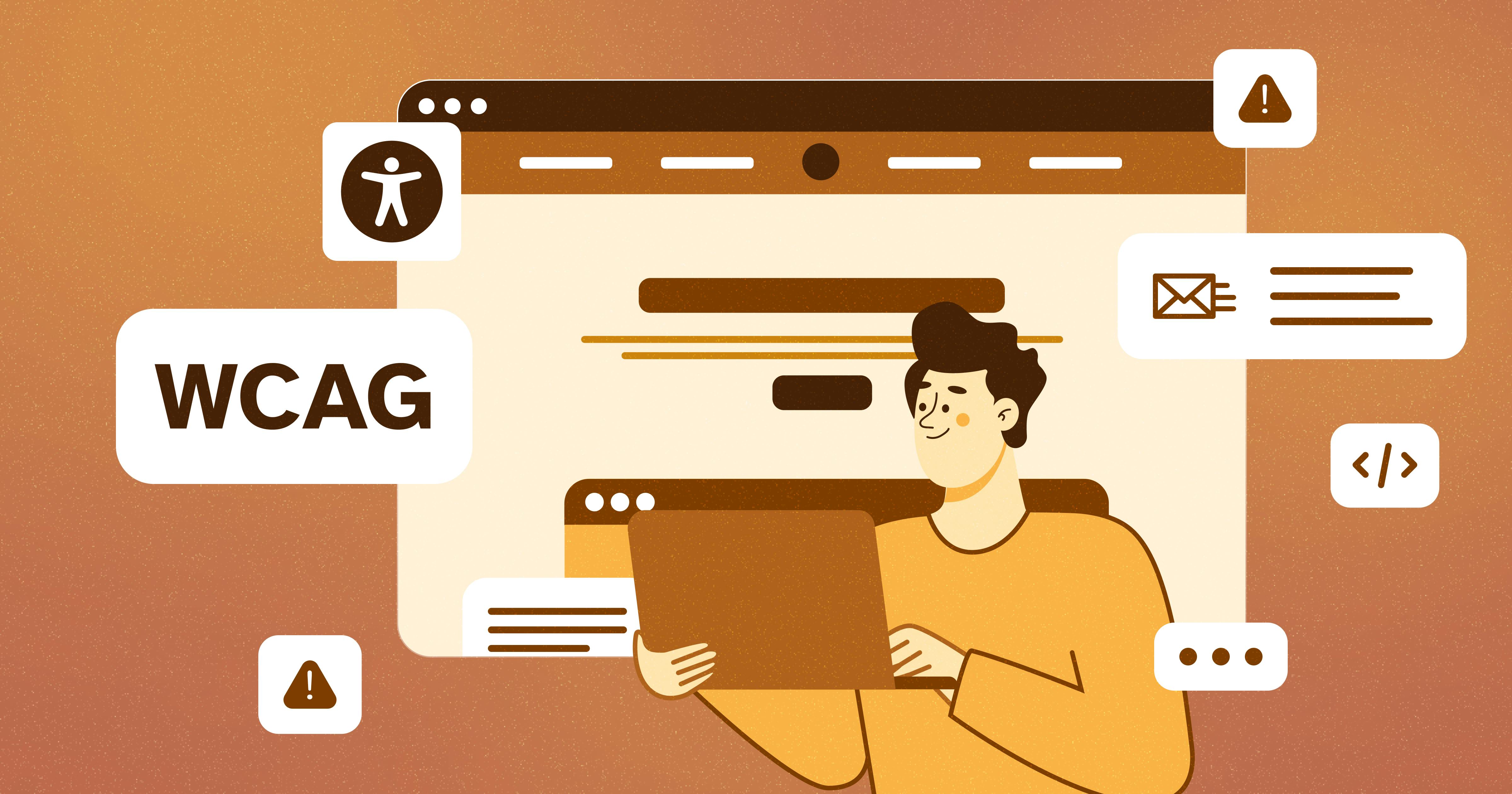 Stylized web browser with various popups behind a man holding a laptop.