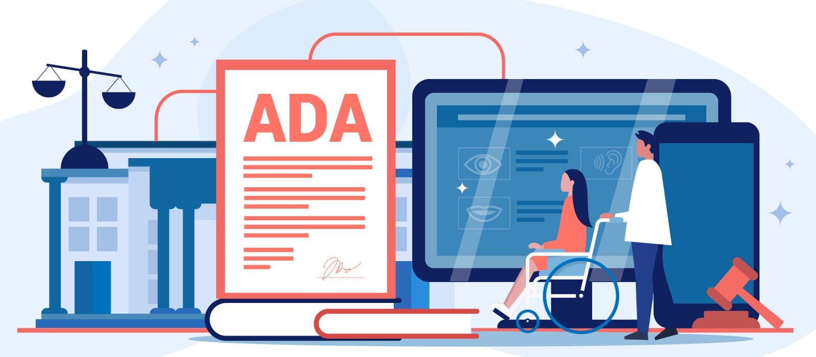Document with 'ADA' printed on it next to a man pushing a women in a wheelchair and a government building.