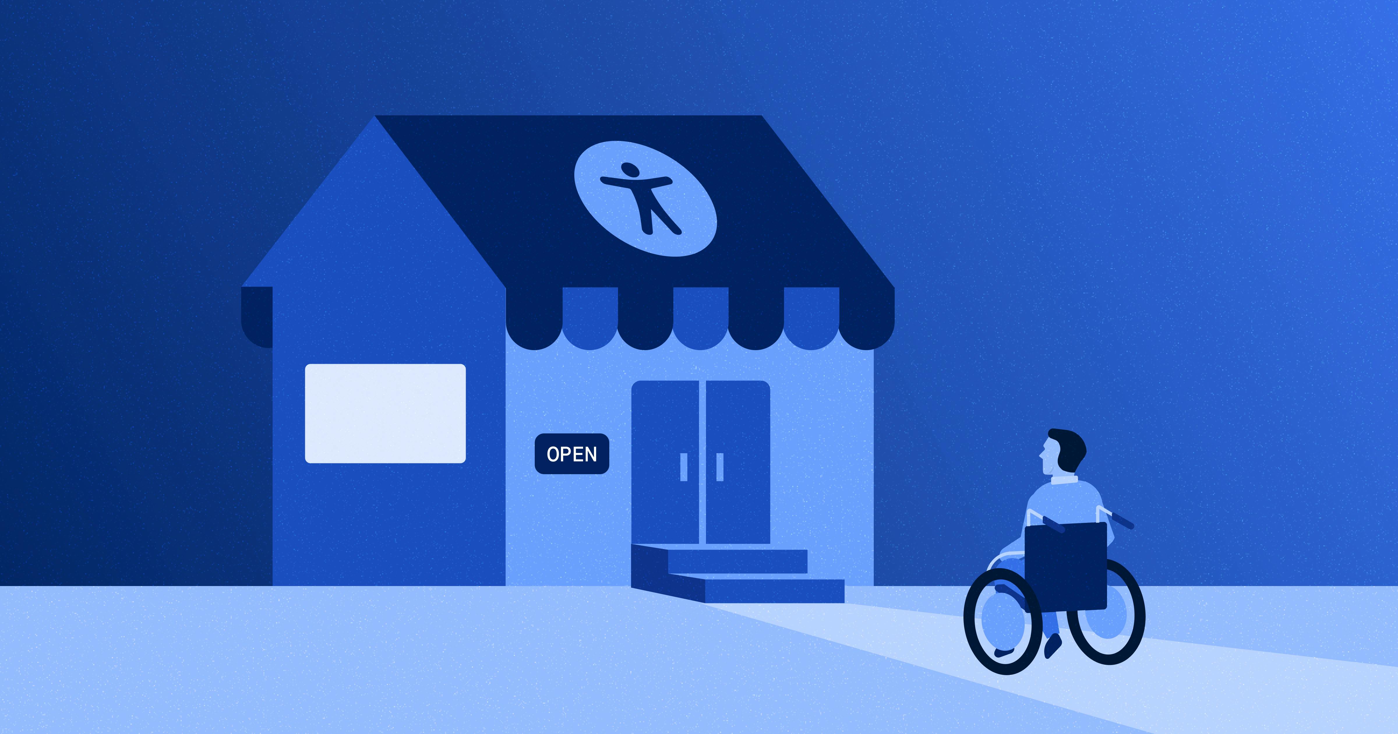Physical storefront with set of stairs in front and accessibility icon on the roof; a man in a wheelchair is facing the building.