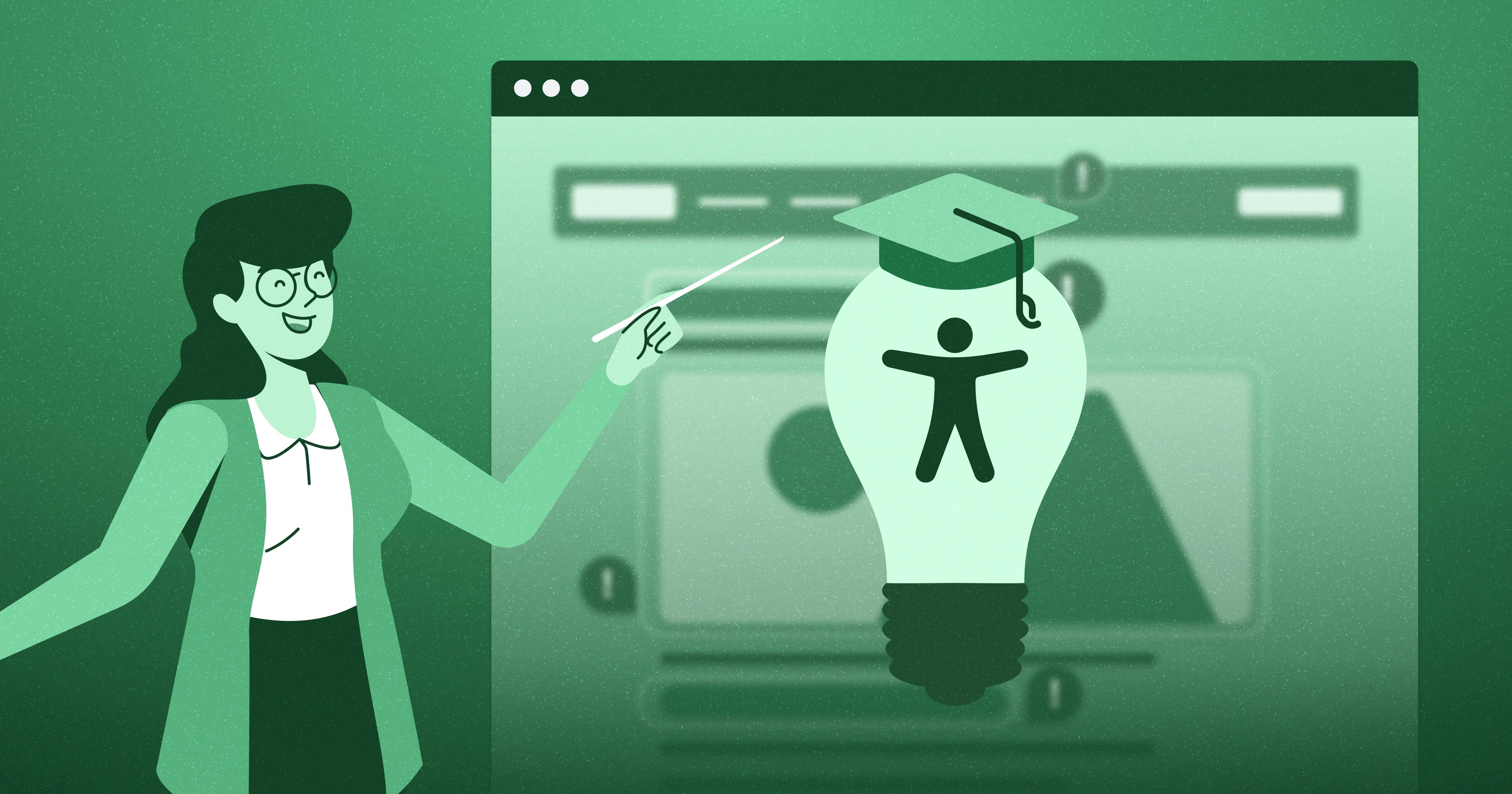 A female teacher using a pointer to point to a stylized web browser with a large lightbulb with a graduation hat on top and the accessibility symbol in the middle.