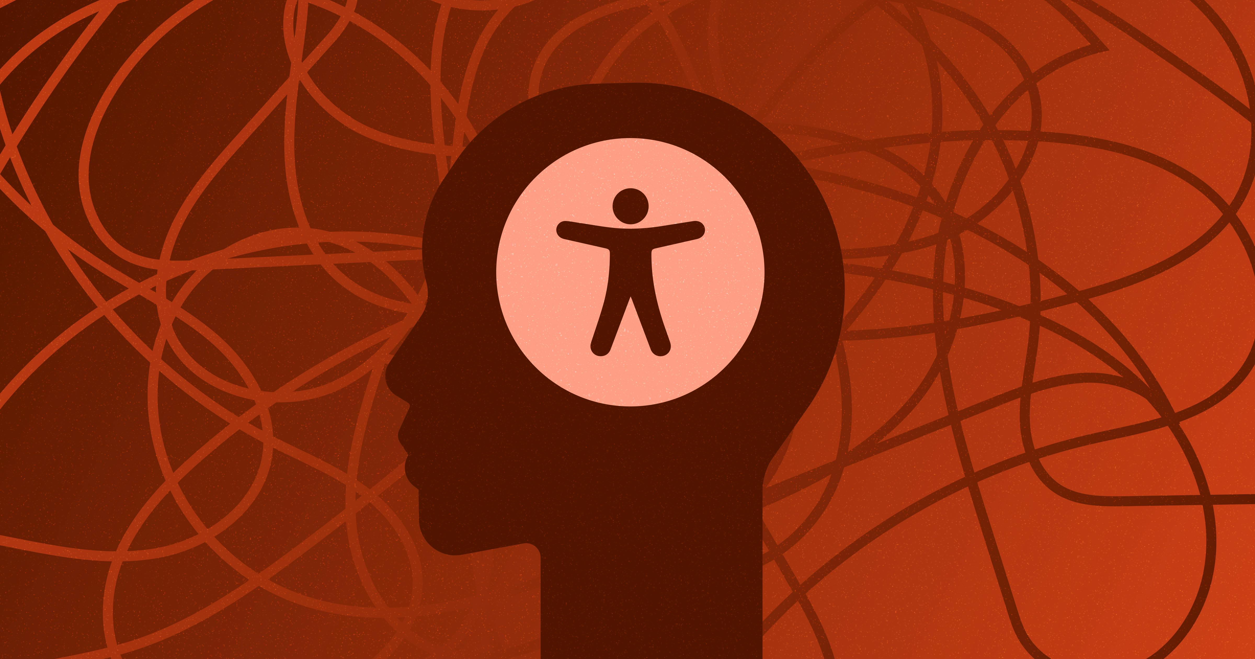 Silhouette of a head with an accessibility icon in the middle; squiggled lines surround the head.