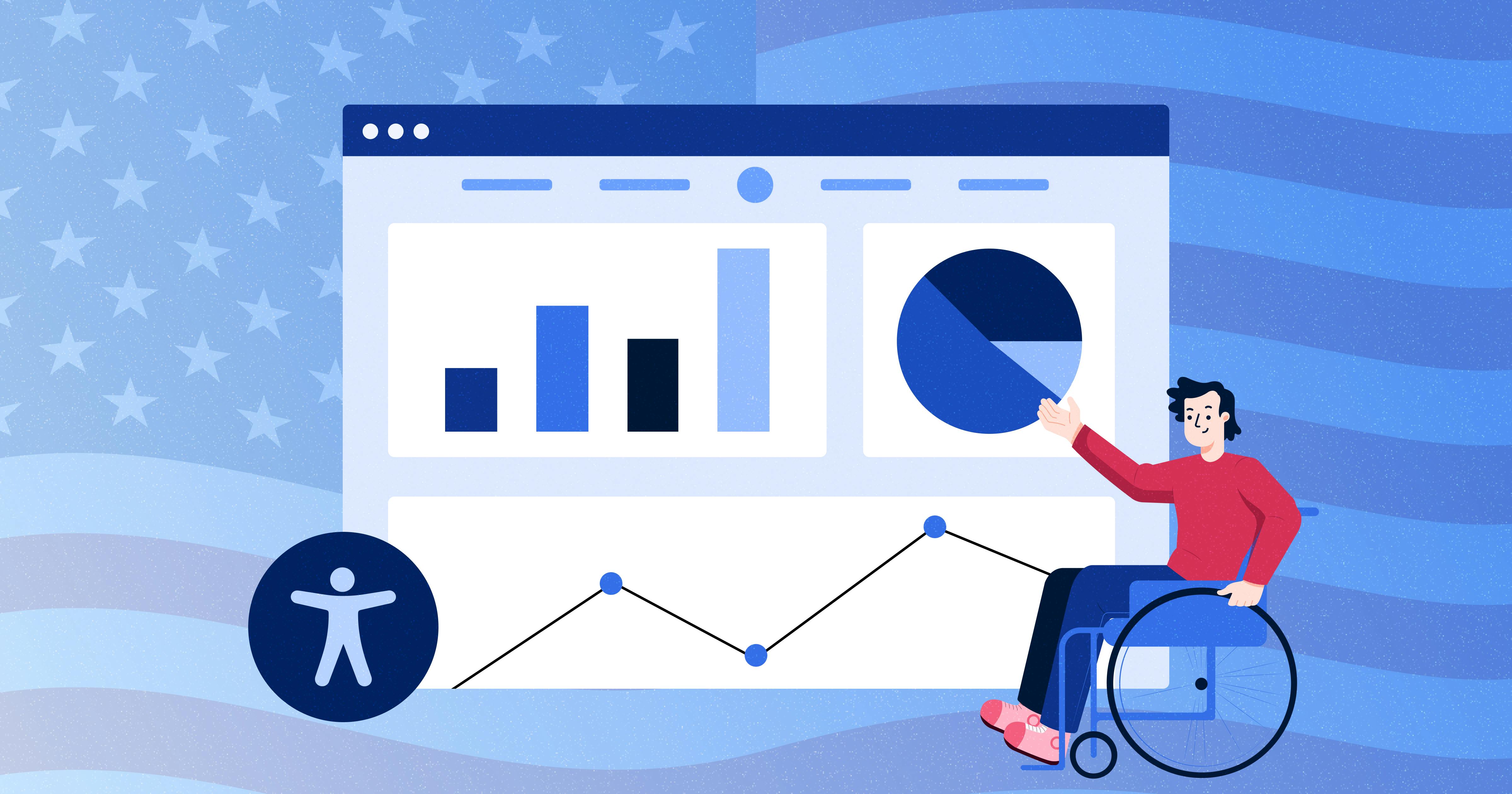 Man in wheelchair pointing to a stylized web browser with various graphs and charts on it. The accessibility icon is in the bottom left-hand corner.