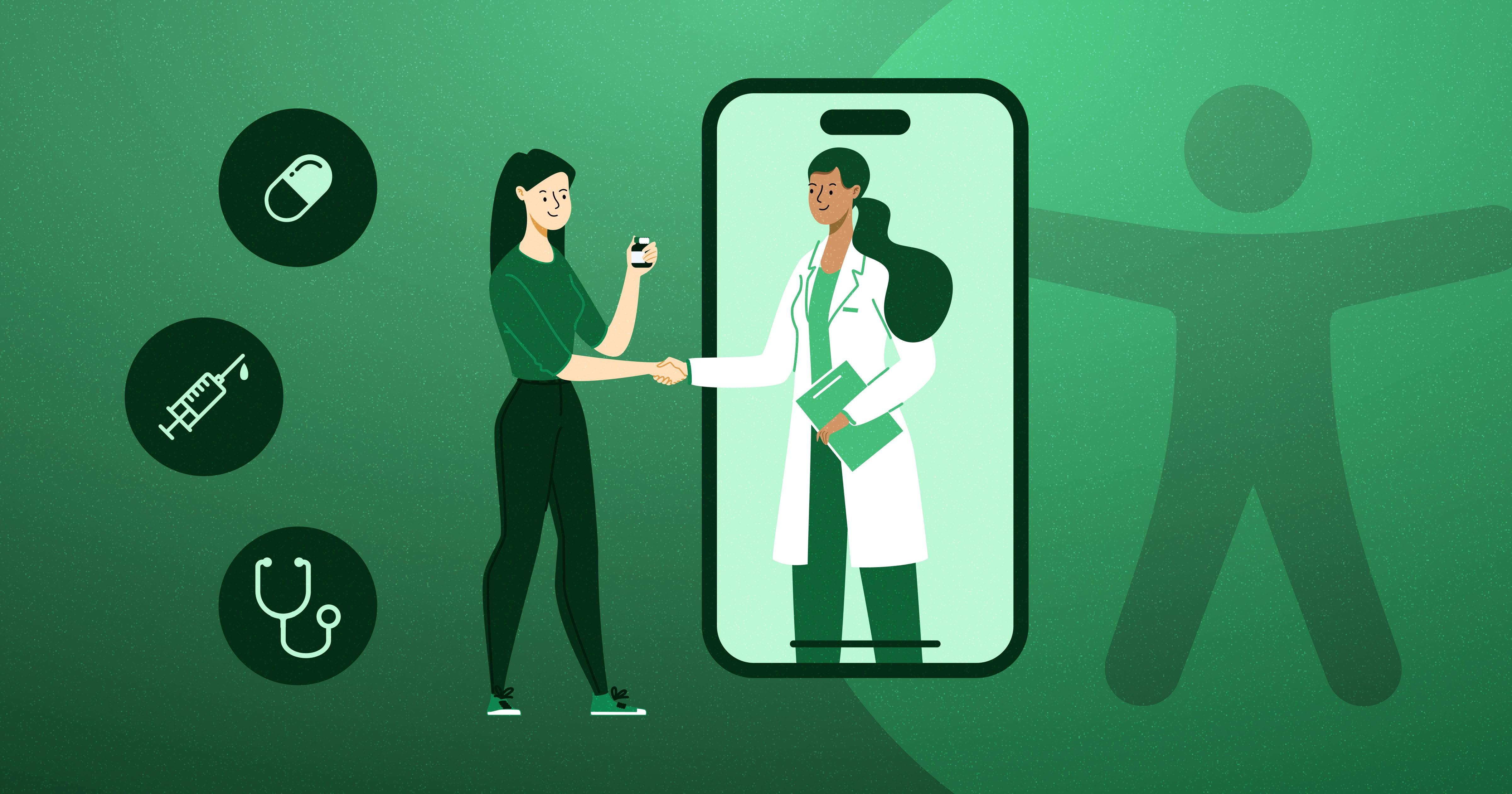 Mobile phone showing a female doctor shaking the hand of a young woman who's holding a medicine bottle. Health icons are on the left side of the young woman; the accessibility symbol is positioned behind the mobile phone.