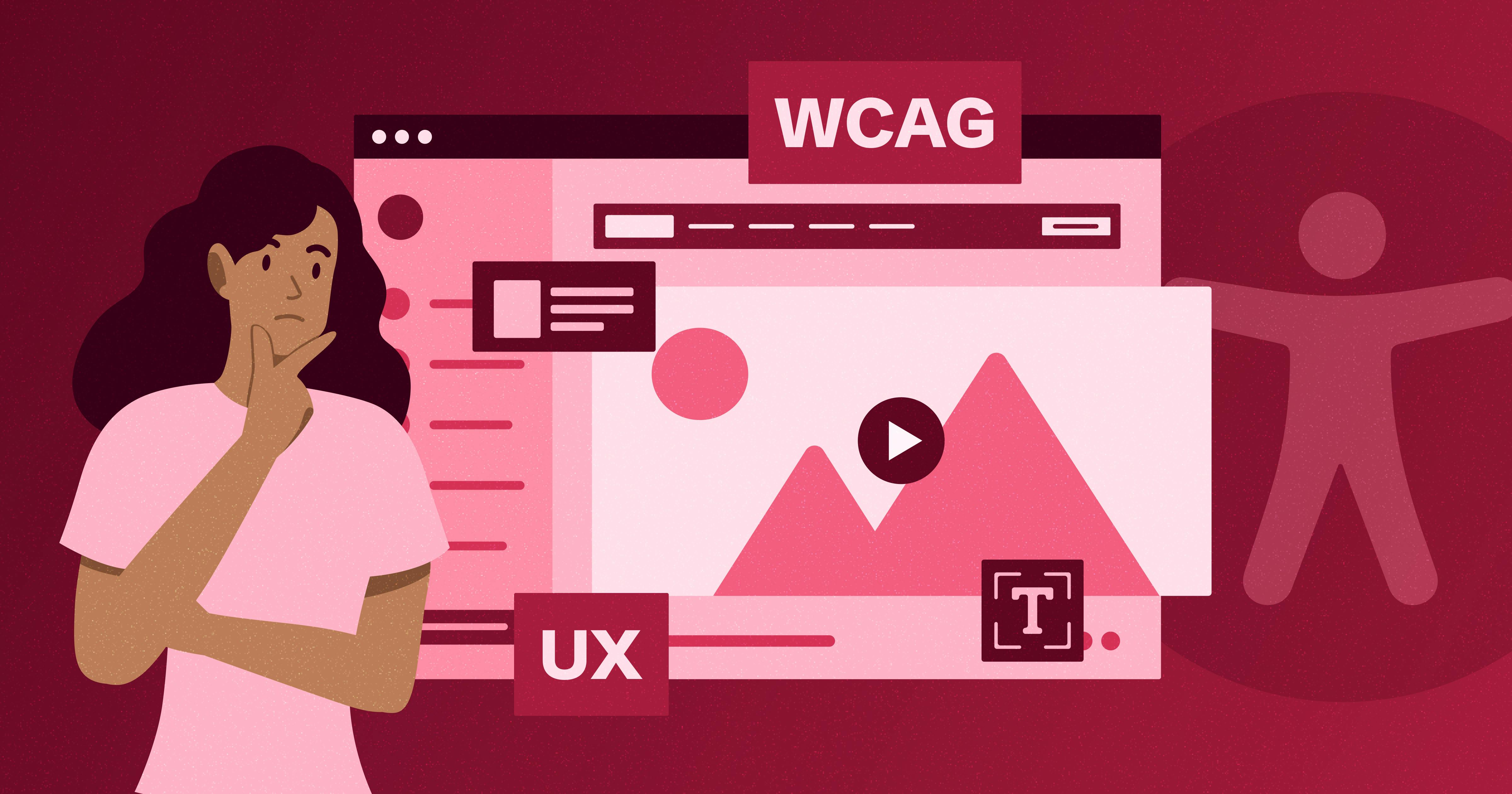 Stylized web browser with 'WCAG' across the top and various UX design icons on the screen. A woman in a thinking posture is on the left of the screen and the accessibility icon is on the right.