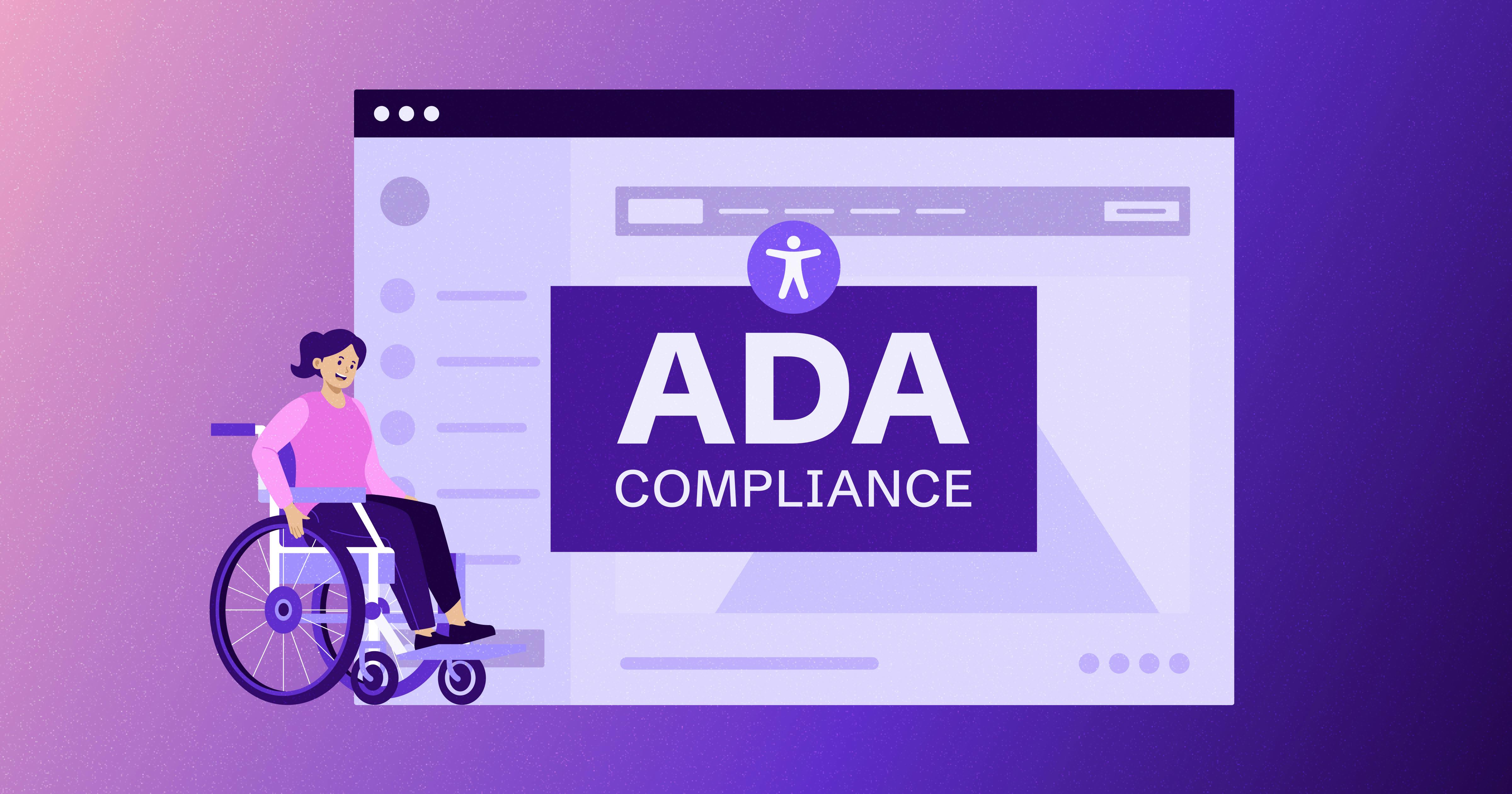 Stylized web browser with a text box that reads 'ADA Compliance'; a woman in a wheelchair is sitting next to the web browser.