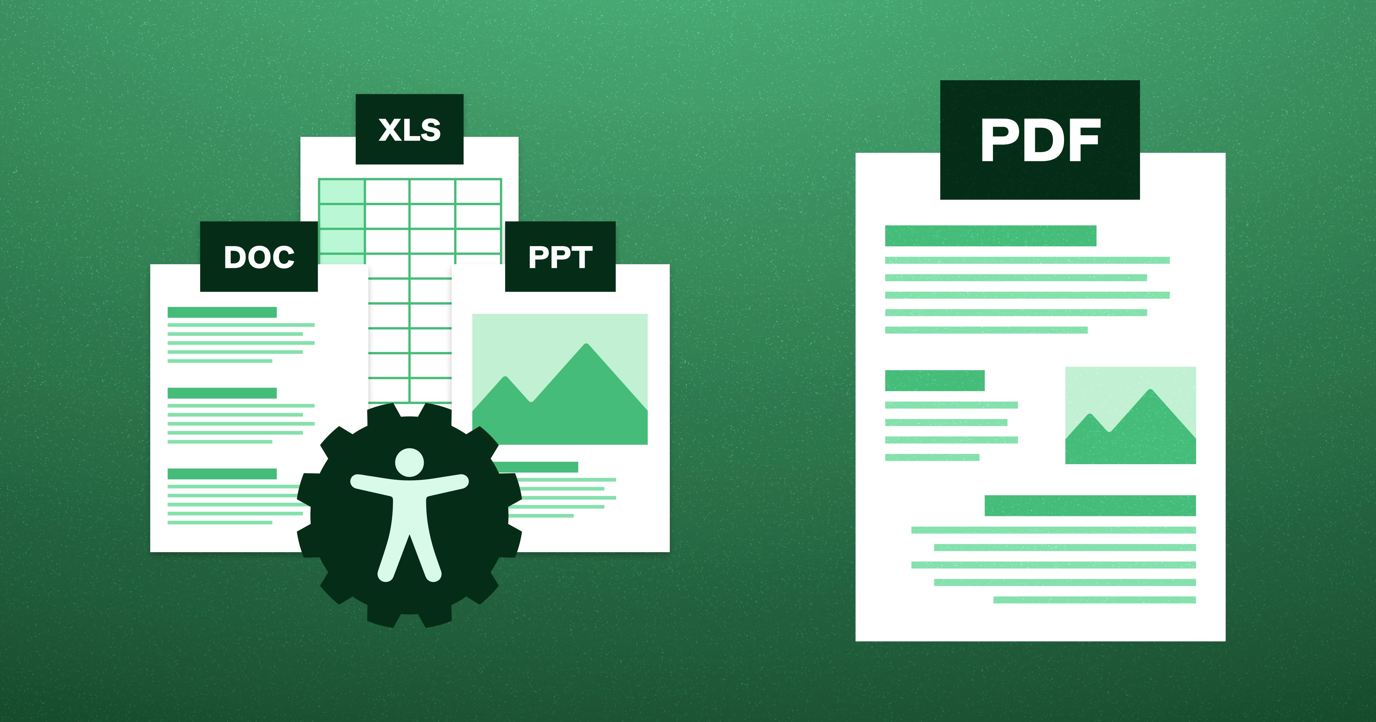 A series of documents with text boxes reading 'doc', 'XLS', and 'PPT' behind a gear with the accessibility symbol in the middle. A stylized PDF is to the right of the documents.