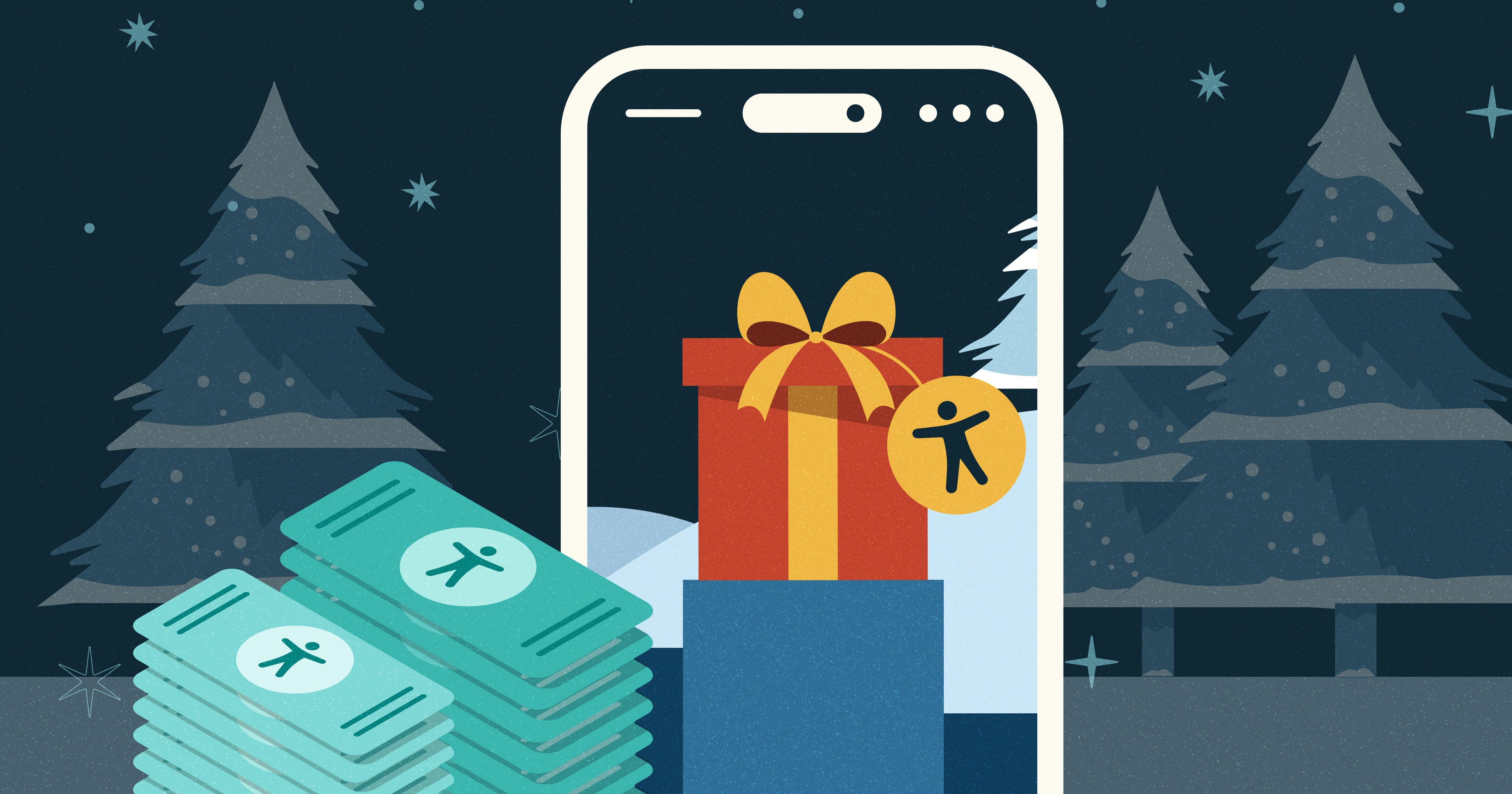 Phone screen with a wrapped present that has an accessibility tag; snowy pine trees are behind the phone with dollar bills on the side. 