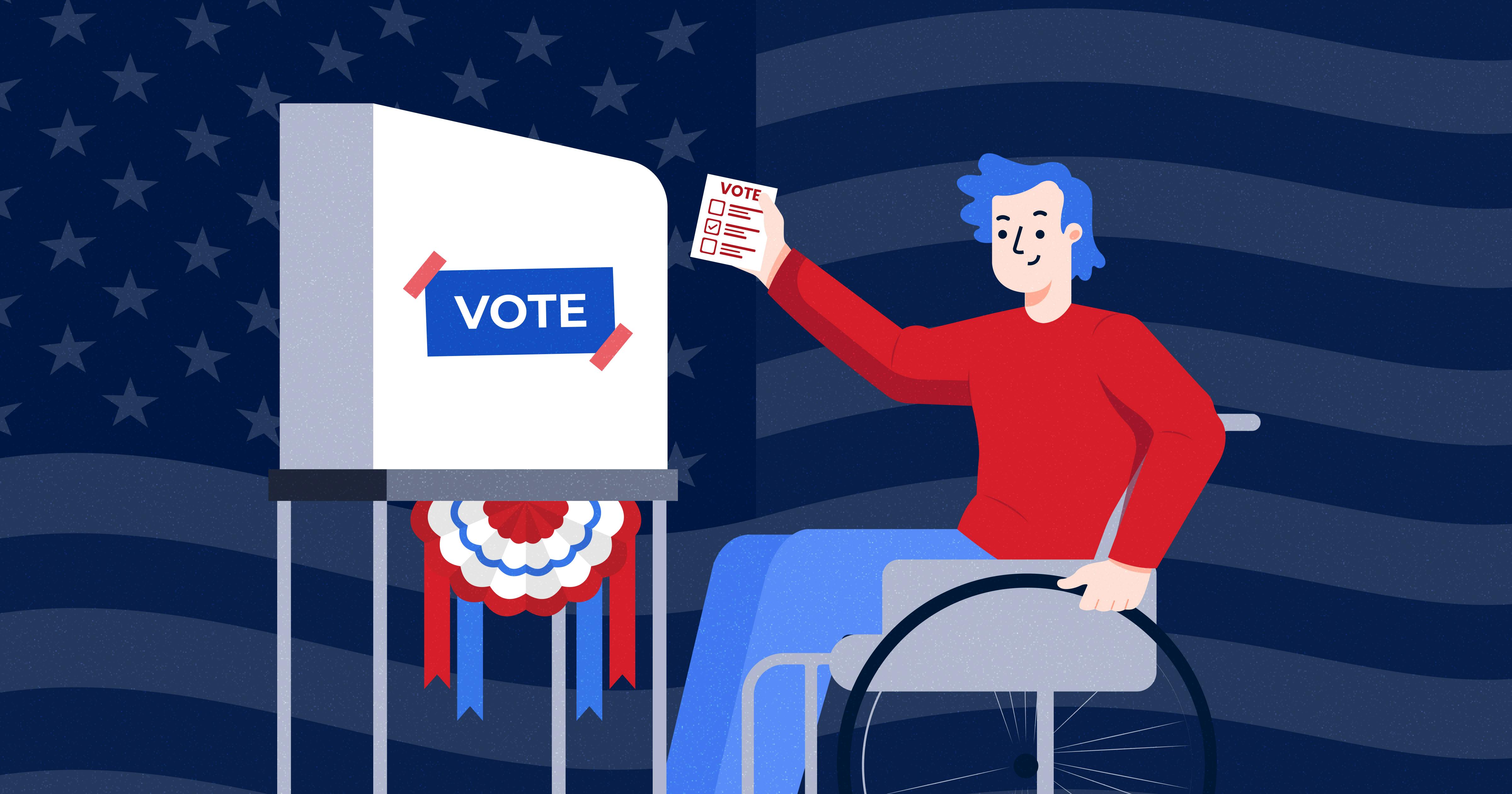 Illustration of a man in a wheelchair placing a ballot inside a ballot box labeled "Vote," with an American flag in the background.