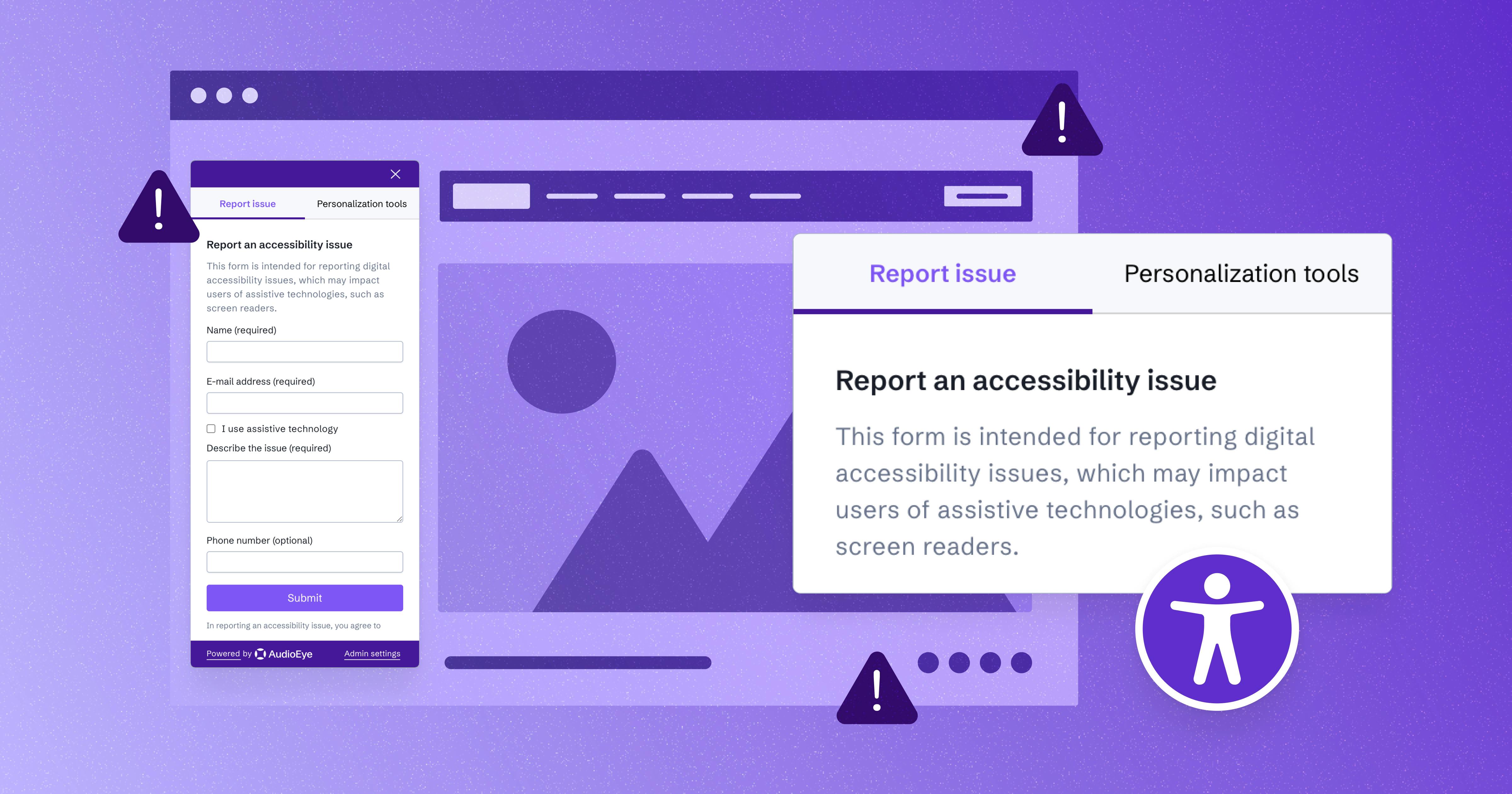 Stylized web browser with three error icons around the screen. A pop-up box showing a close up of AudioEye's Accessibility Help Desk is on the right-hand side of the screen; the accessibility icon is underneath the pop-up.