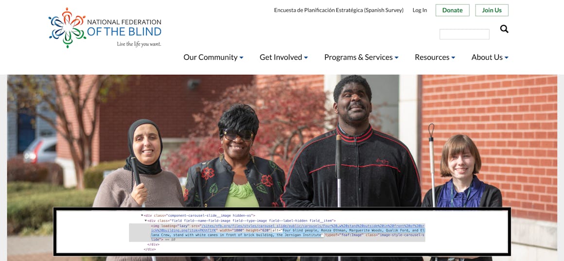 The home page for the National Federation of the Blind, with alt text for the main photo that reads "Four blind people, Ronza Othman, Marguerite Woods, Qualik Ford, and Ellana Crew, stand with white canes in front of brick building, the Jernigan Institute.