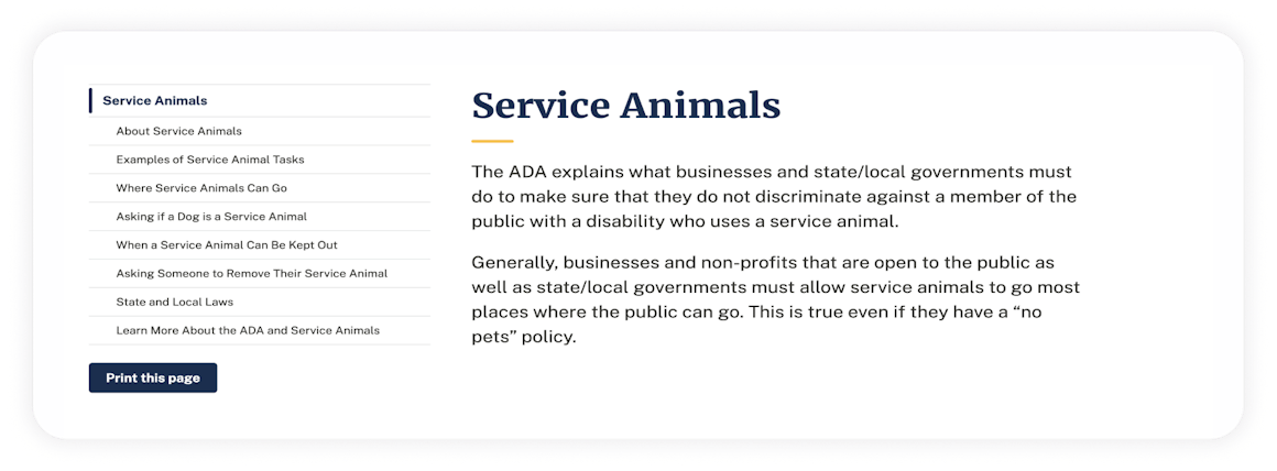 Image of updated design for ADA service animals page, featuring a more intuitive navigational structure. 