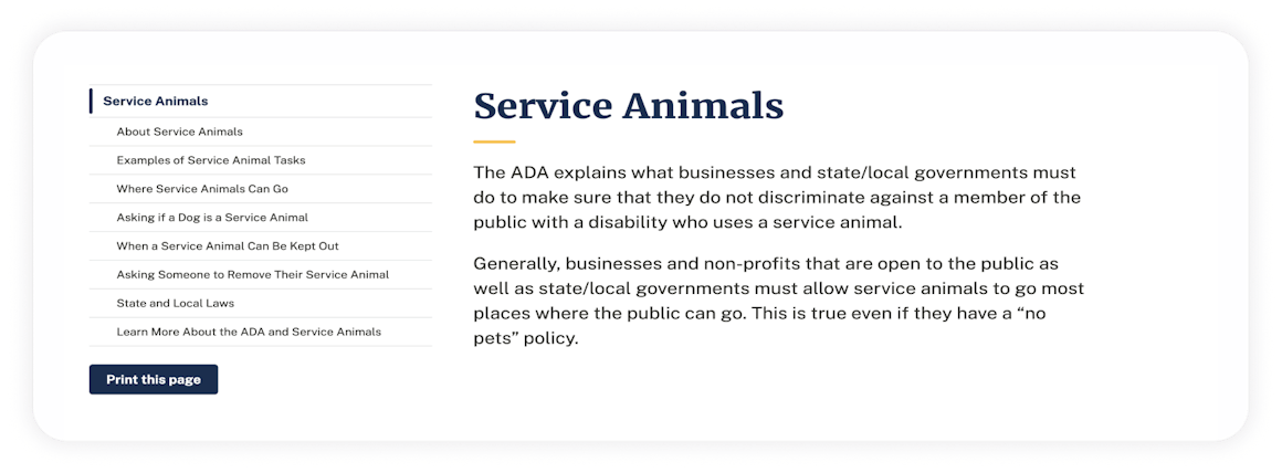 Image of updated design for ADA service animals page, featuring a more intuitive navigational structure.