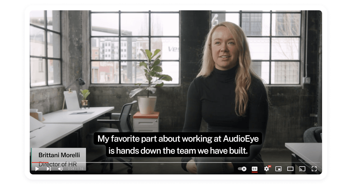 video thumbnail for  "Why Our Team Loves Working at AudioEye" on youtube