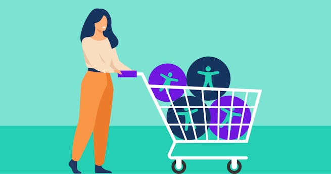 Illustration of a woman with a shopping cart with different accessibility icons inside the cart