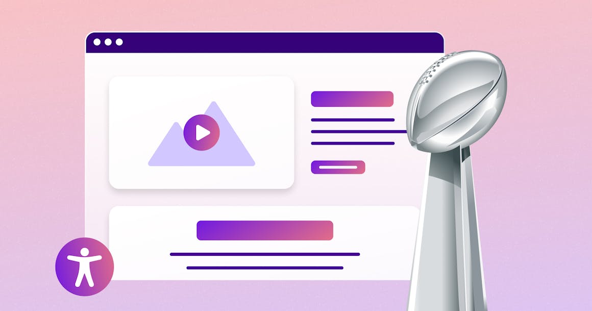 Stylized web browser with accessibility icon in the bottom left and football trophy on the right.