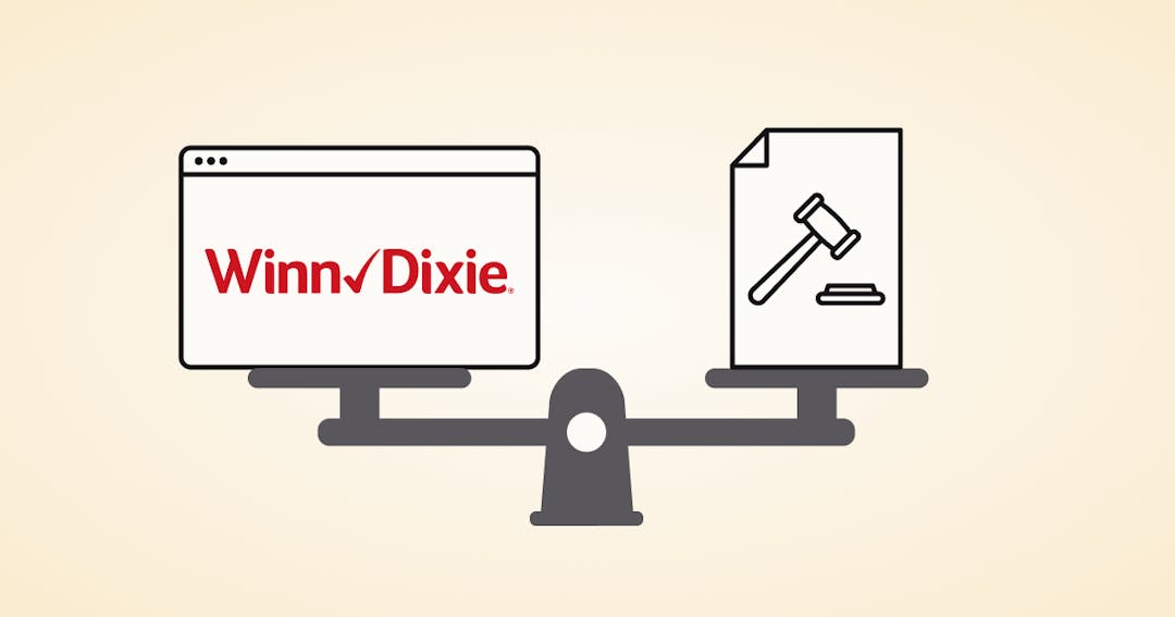 Illustration of a scale with a web browser and Winn Dixie logo on one side and a lawsuit on the other