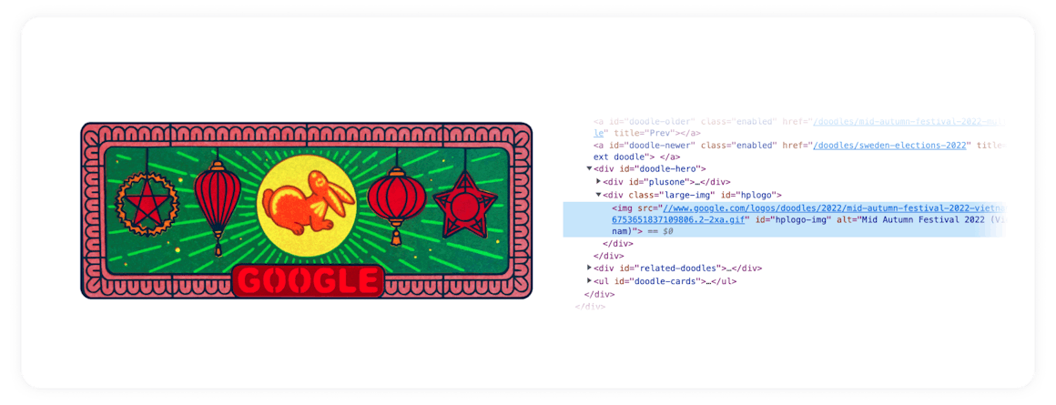 A Google Doodle of a rabbit and lanterns, next to alt text that reads "Mid Autumn Festival 2022 (Vietnam)."