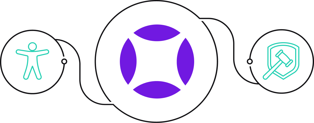 Illustration of a accessibility icon and a gavel and shield to represent web accessibility compliance