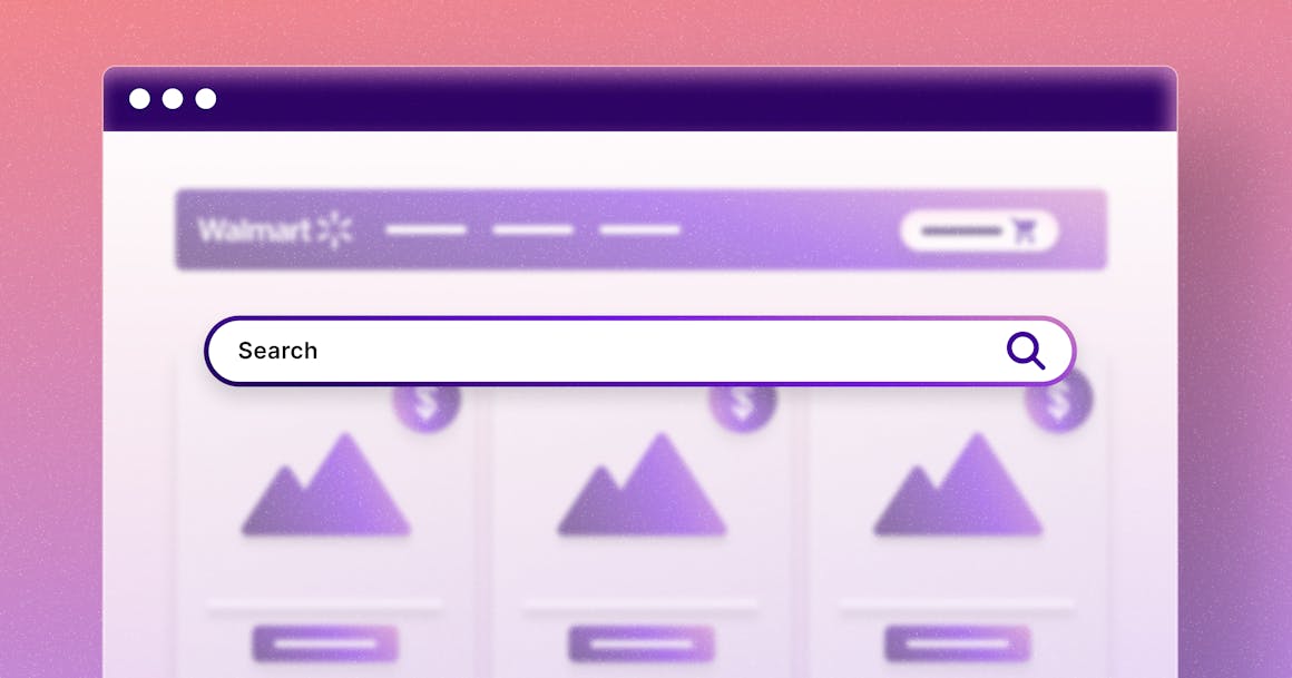 A stylized version of Walmart's website that shows a highlighted search bar and different product cards.
