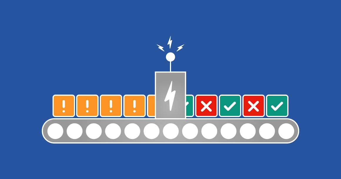 A conveyor belt with indicators on the belt showing only some of the accessibility issues being fix automatically