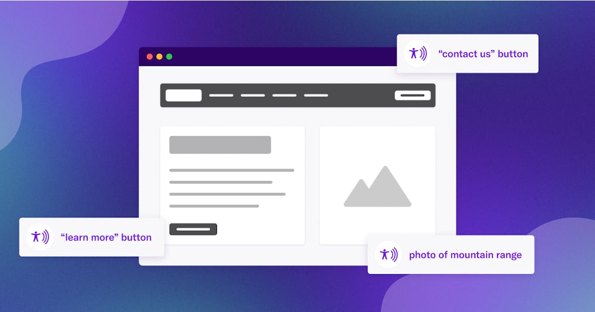 Webpage with the text "learn more", "contact us" and "photo of a mountain range" available to be read by a screen reader