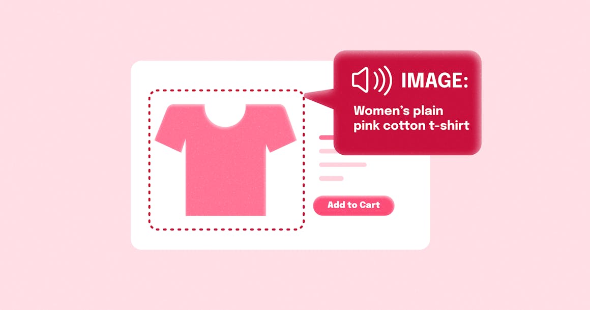 A stylized product card of a t-shirt, with alt text that reads "Women's plain pink cotton t-shirt."