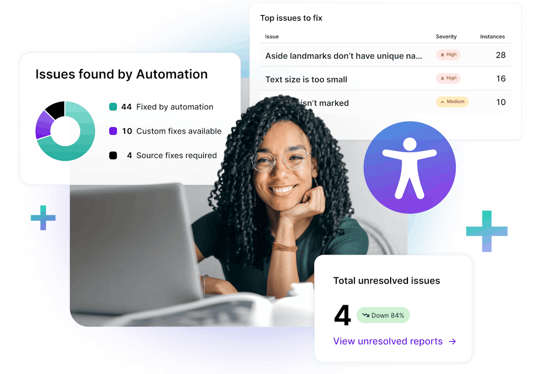 Woman smiling in front of a computer. Audioeye Dashboard recommended fixes alerts popping up