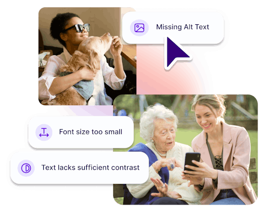 blind person with service dog, women helping grandma with phone and alerts saying there is missing alt text, font size is too small and text lacks sufficient contrast