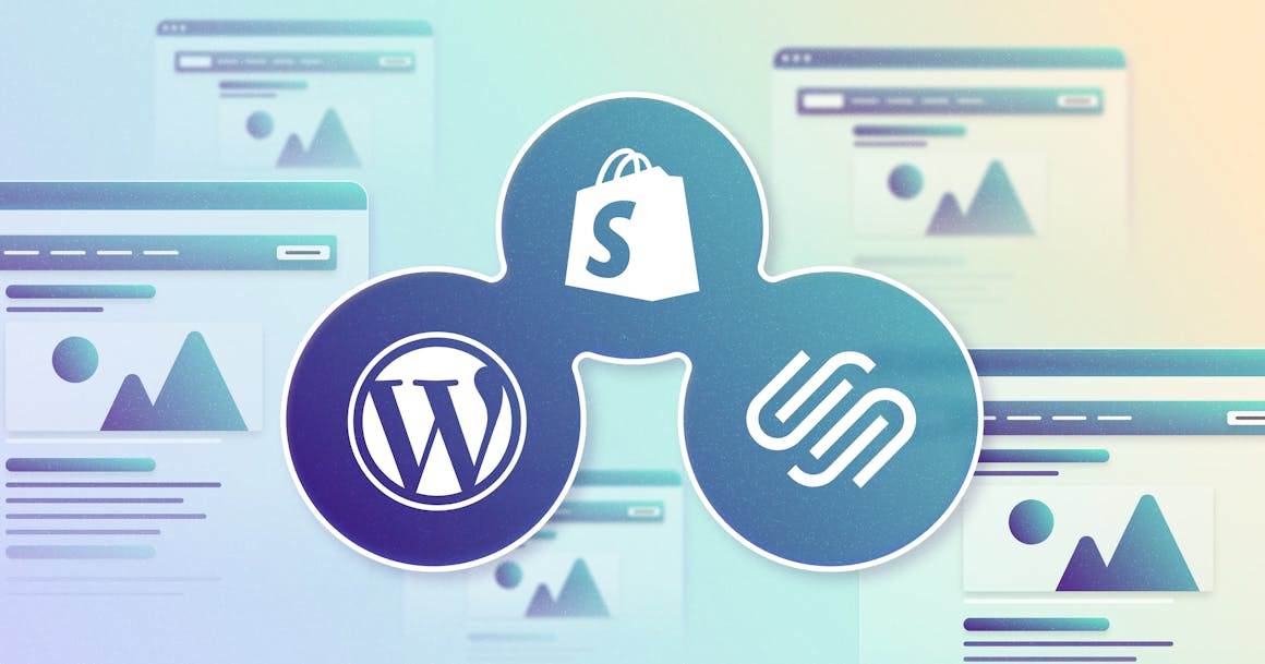 A collage of stylized web browsers, with icons for WordPress, Shopify, and Squarespace in the middle.