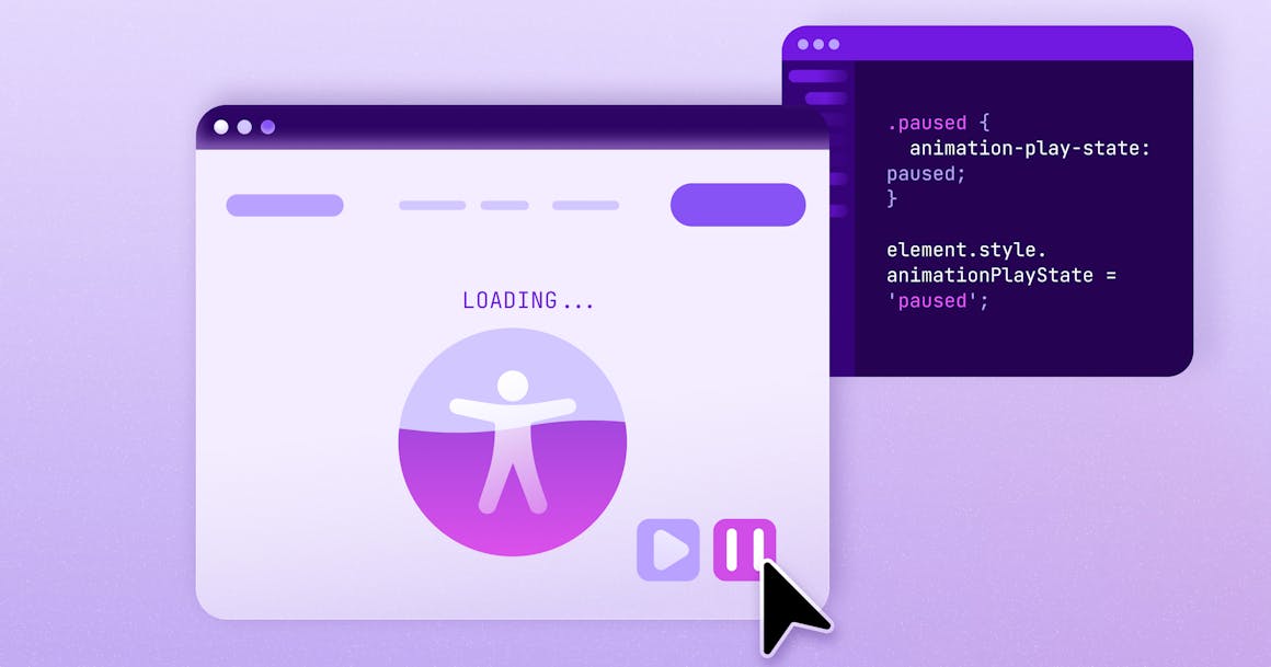 A web browser that shows an animated loading screen, next to play and pause icons