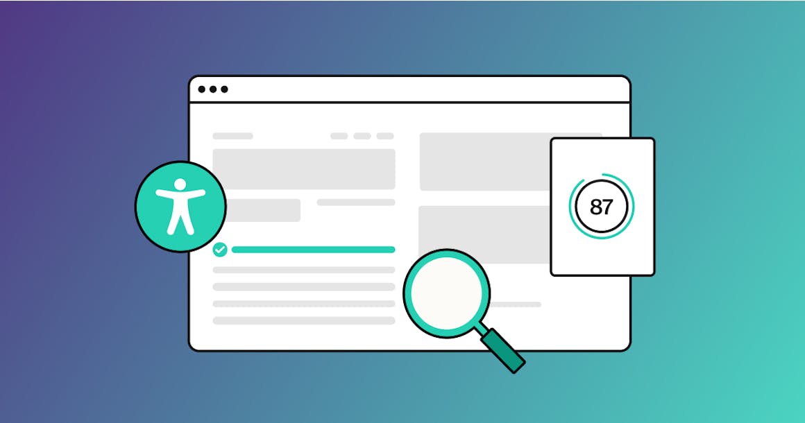 A website being scanned with a magnifying glass, given a score of 87