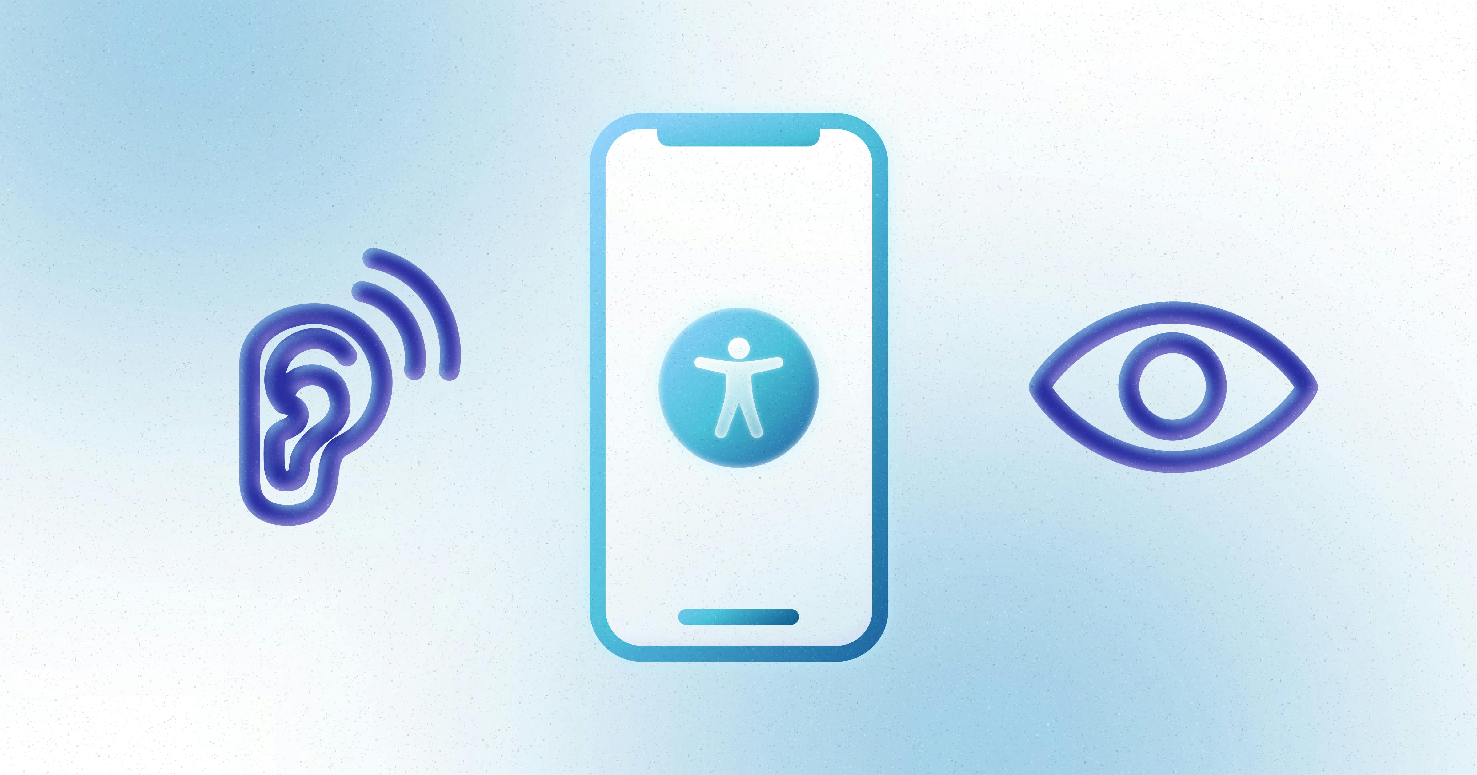 A mobile phone with an accessibility symbol on the screen, bordered by icons of an ear and an eye.