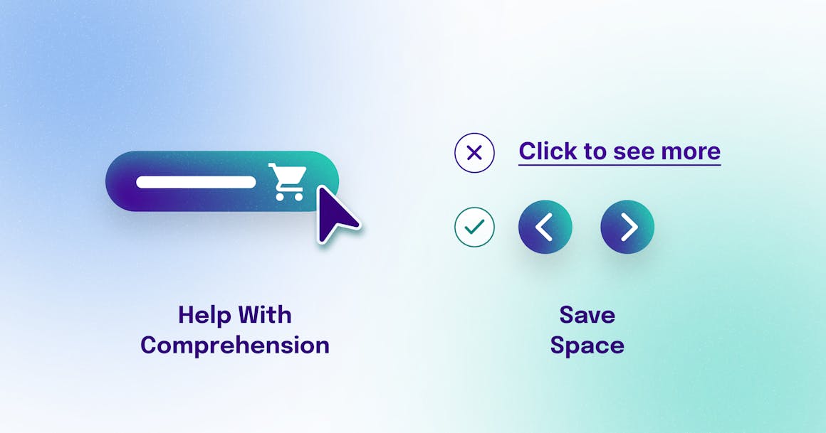 Examples of how icons can help with comprehension (a shopping cart) and save space (two arrow icons instead of a text link that reads "Click to see more".