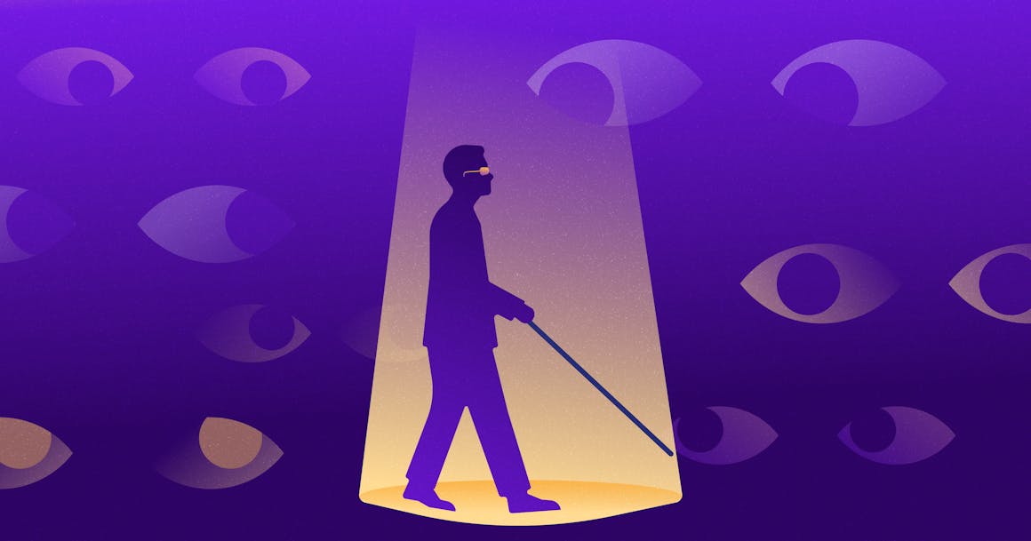 Silhouette of a blind man using a cane walking under a spotlight with a bunch of eyes staring from a distance.