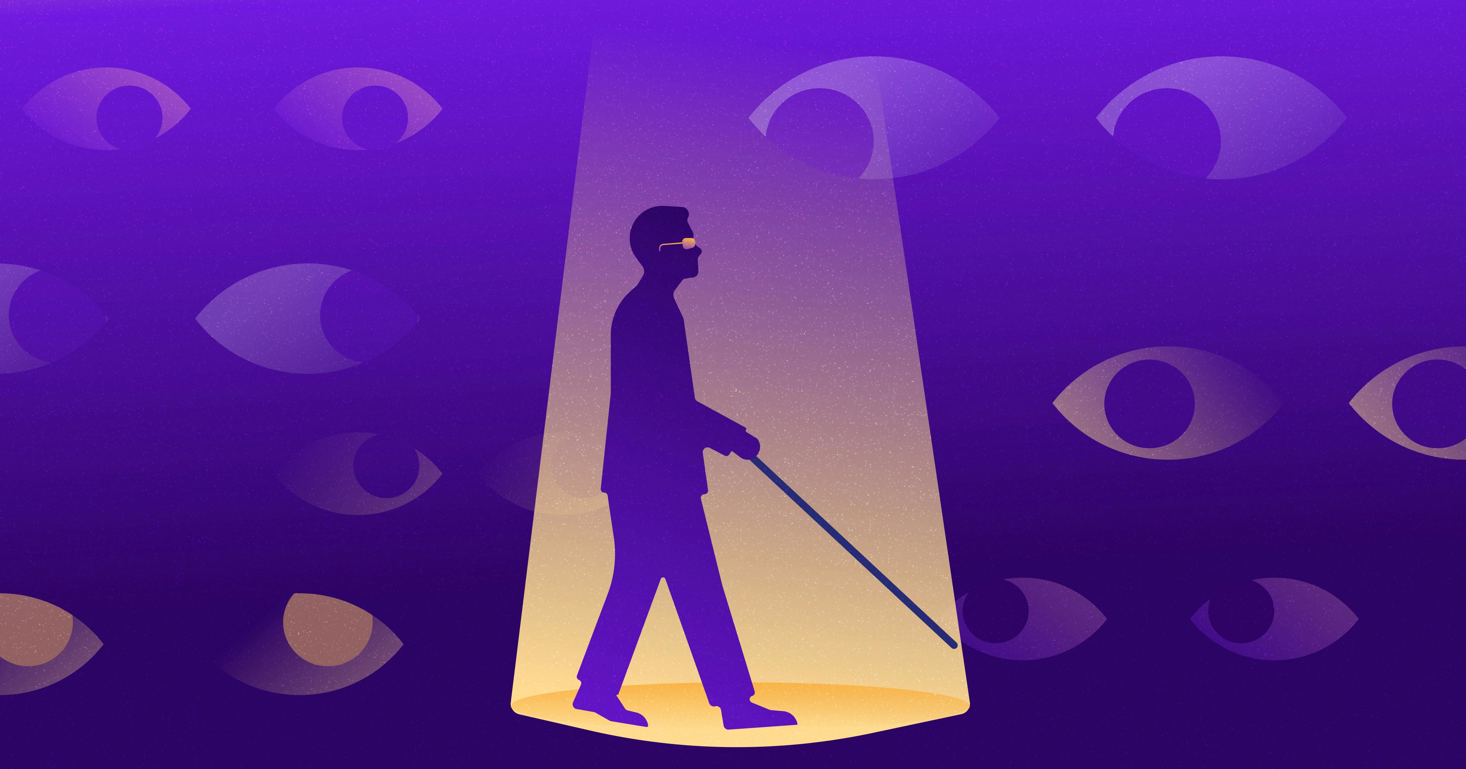 Silhouette of a blind man using a cane walking under a spotlight with a bunch of eyes staring from a distance.