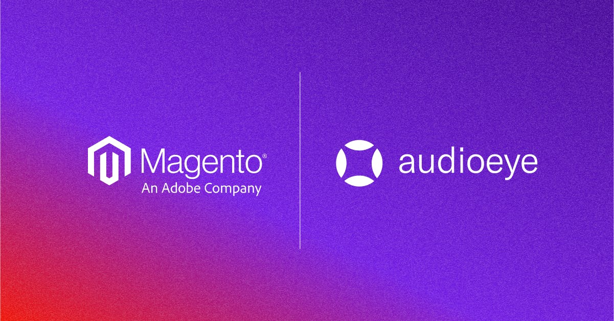 Magento, an Adobe company logo and AudioEye's logo to represent the partnership between the companies
