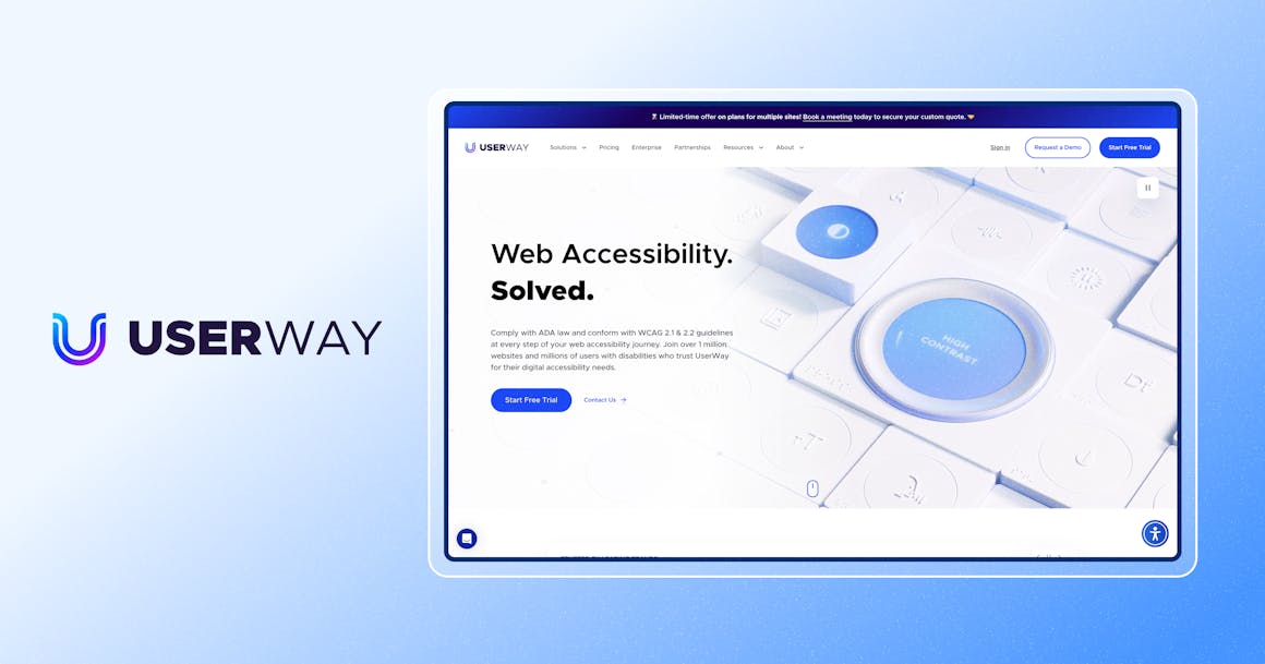 Screenshot of UserWay homepage with UserWay logo next to it.