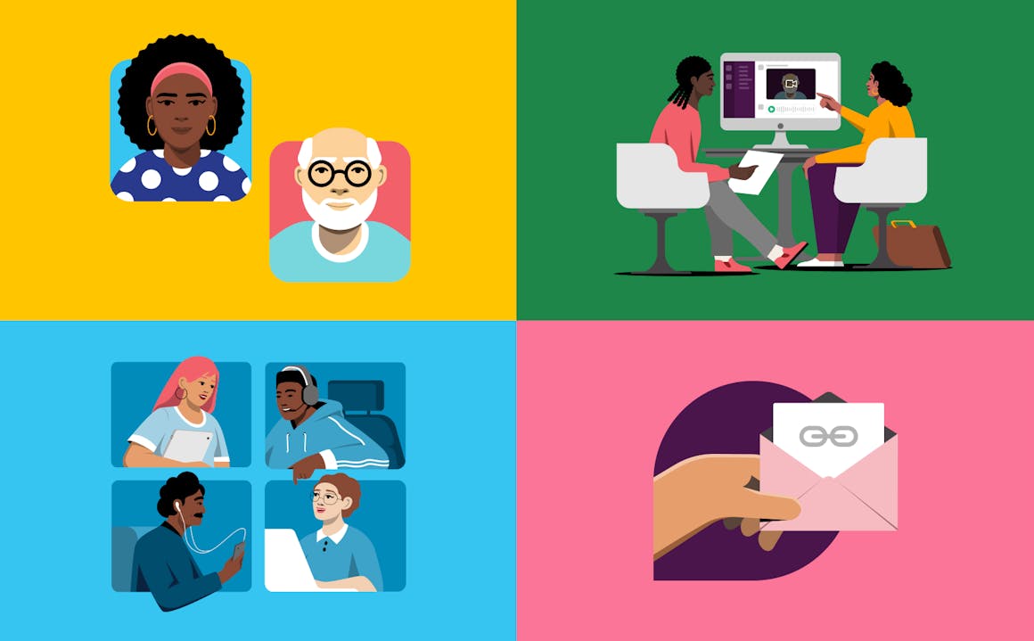 A series of four stylized illustrations depicting different people: the first is a young black woman and an older white man, the second is two people sitting in front of a computer, the third is four people on a video call, and the fourth is a hand holding an envelope with a card showing a web link. Credit to Slack.